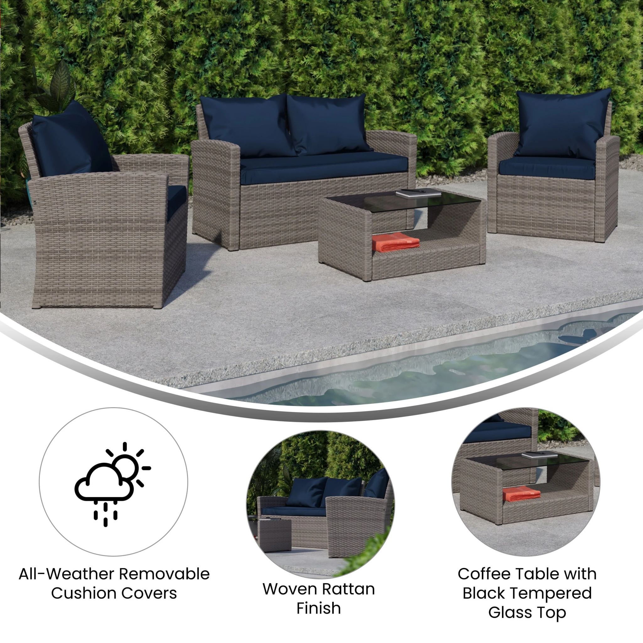Flash Furniture Aransas Series 4 Piece Light Gray Patio Set with Navy Back Pillows and Seat Cushions - Image 6