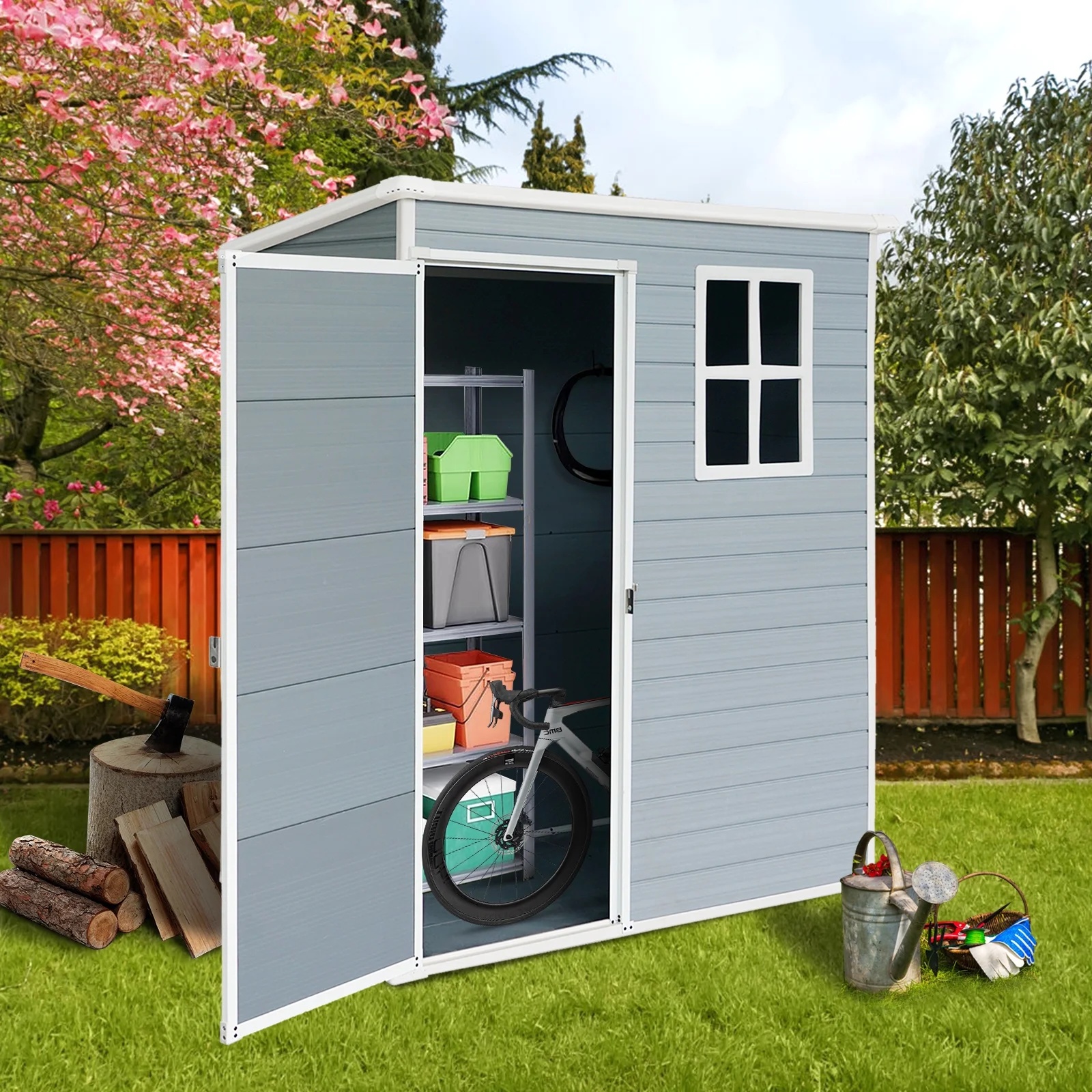 5'-3' Outdoor Storage Shed, Resin Storage Cabinet, Garden Tool Shed with Double Lockable Doors, Organizer Cabinet for Patio Yard, Gray - Image 6