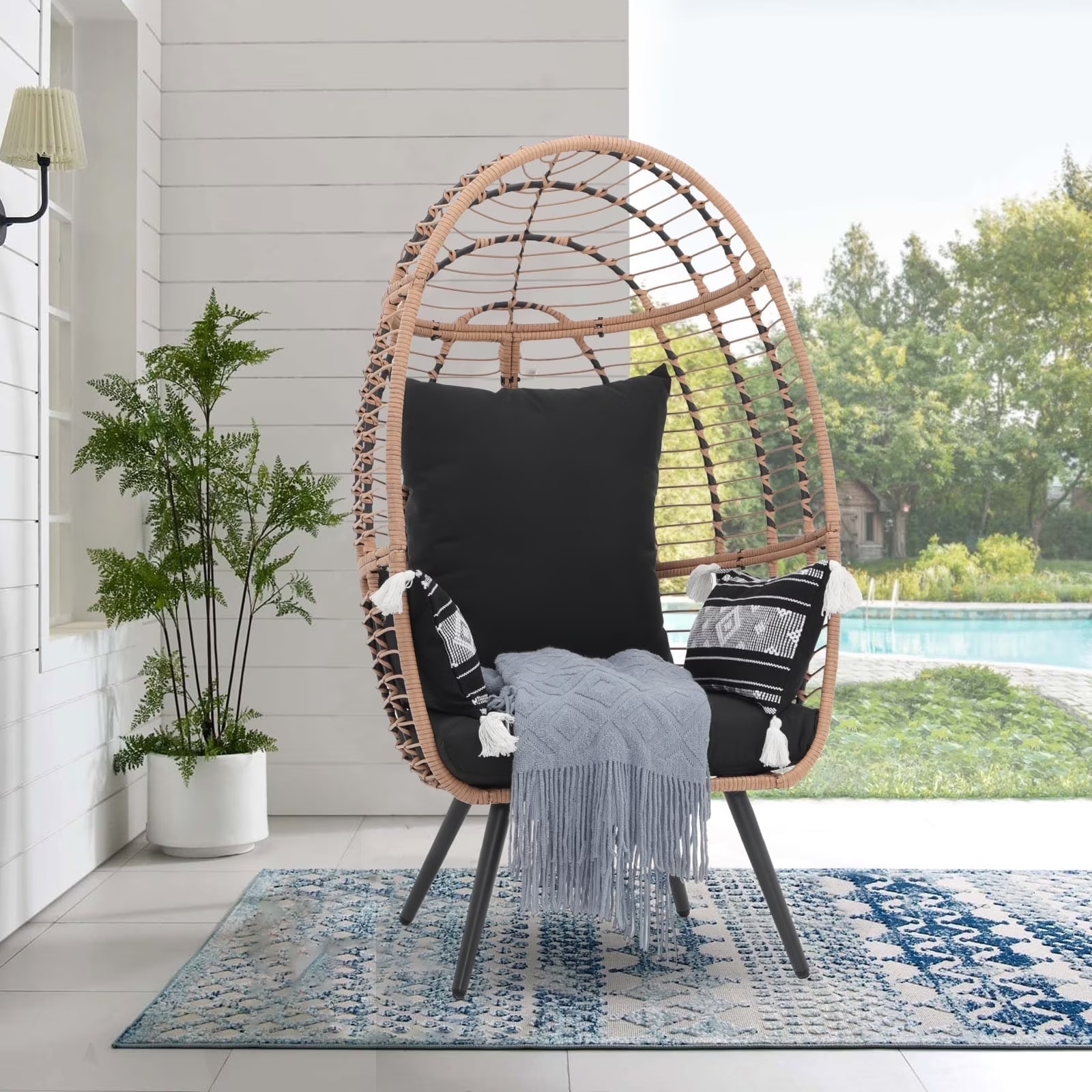 Indoor Outdoor Swing Egg Chair with Stand, Patio Foldable Grey Wicker Rattan Hanging Chair with Cushion, Light Gray - Image 7