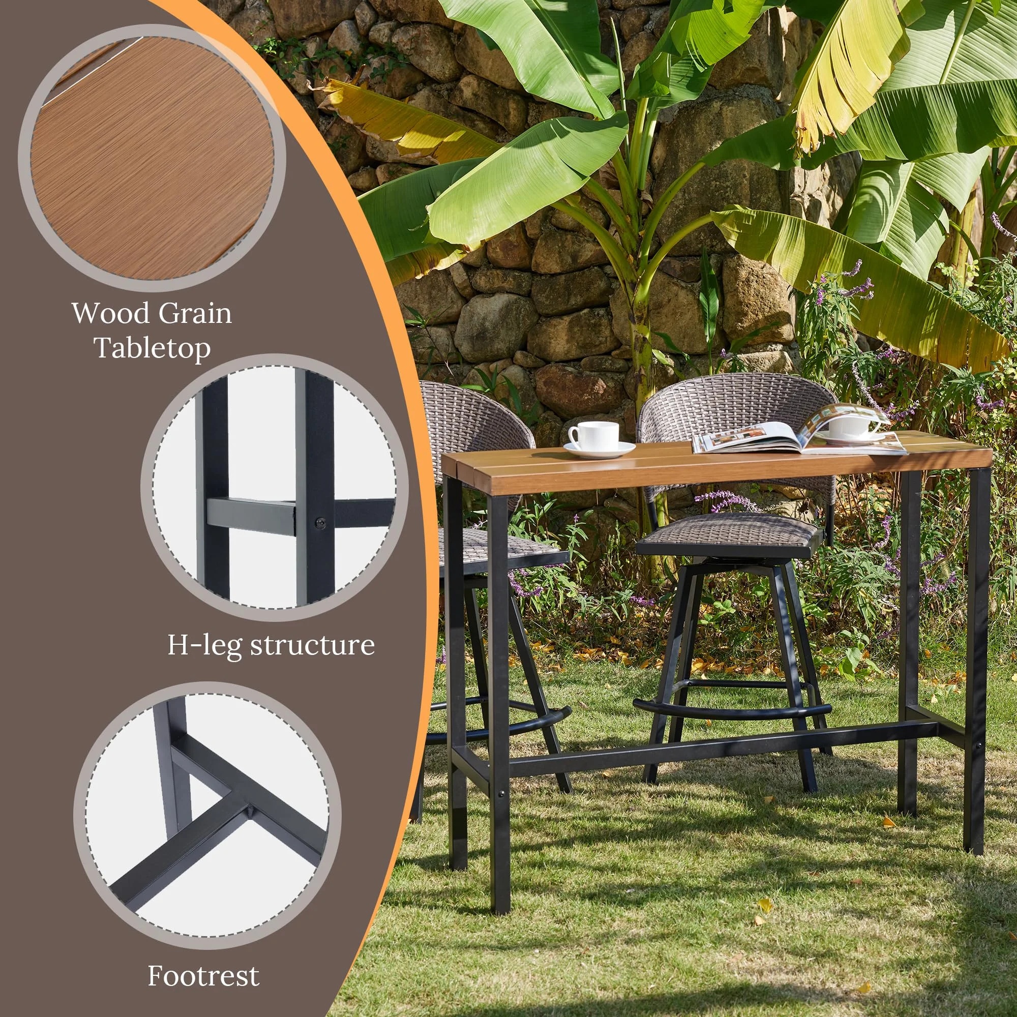 Vicllax Patio Rectangle Bar Table Metal Modern Style for Porch Garden (45.3"Lx13.8"Wx37.4"H) - Image 2