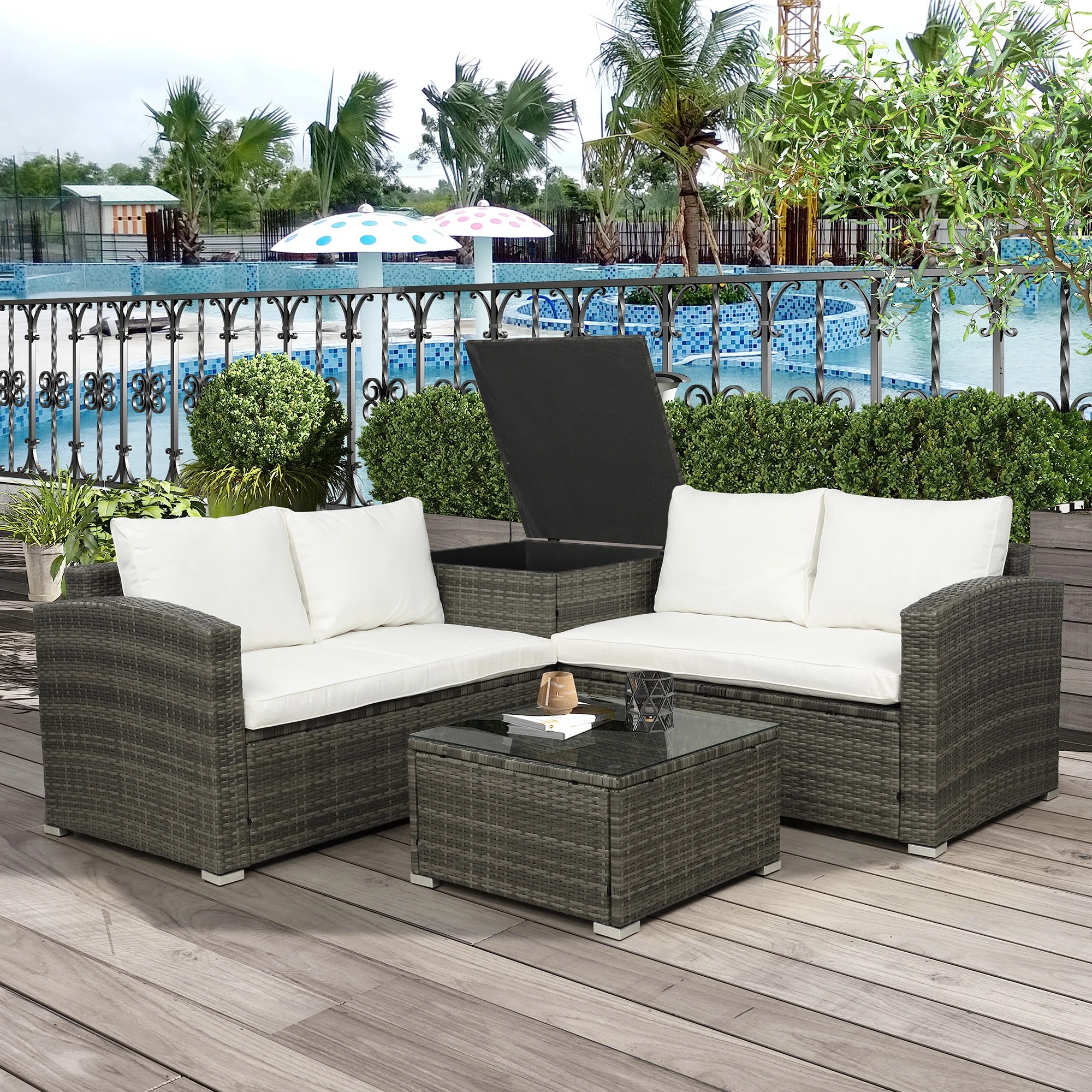 UHOMEPRO 4-Piece Rattan Patio Furniture Sets, All-Weather PE Wicker Patio Conversation Set with Storage Box, Glass Coffee Table, Outdoor Sectional Sofa Set for Backyard Patio Garden Poolside, Gray - Image 14