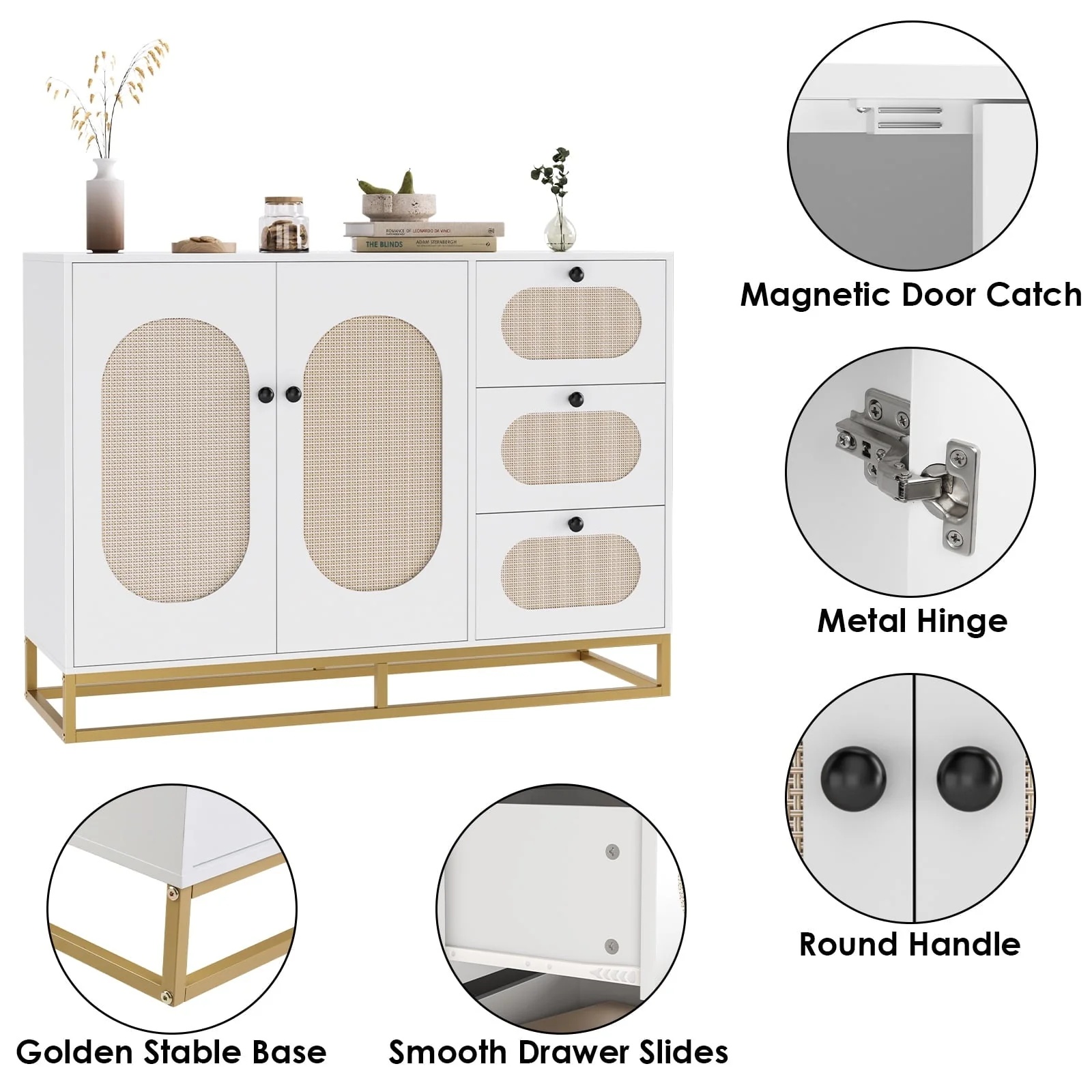 Homfa 3 Drawers Accent Storage Cabinet, 34.2"H Gold Buffet Sideboard with Rattan Doors for Living Room, White - Image 9
