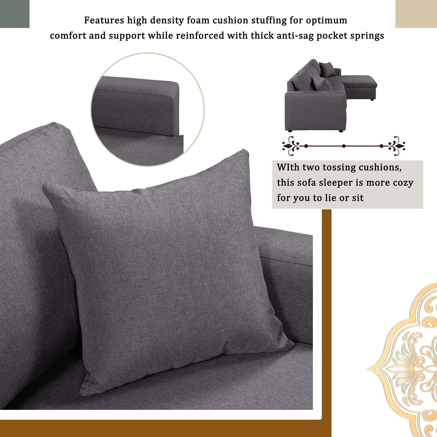 Churanty Upholstery Sleeper Sectional Sofa Pull Out Bed with Storage Chaise,Gray - Image 11
