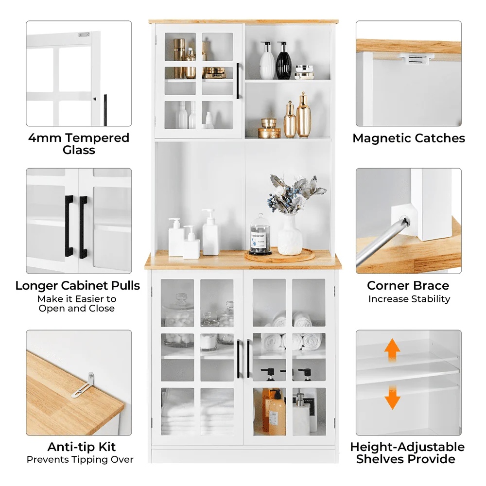 SmileMart 72"H Kitchen Pantry Storage with 3 Cabinets 2 Open Shelves for Dining Room, White - Image 8