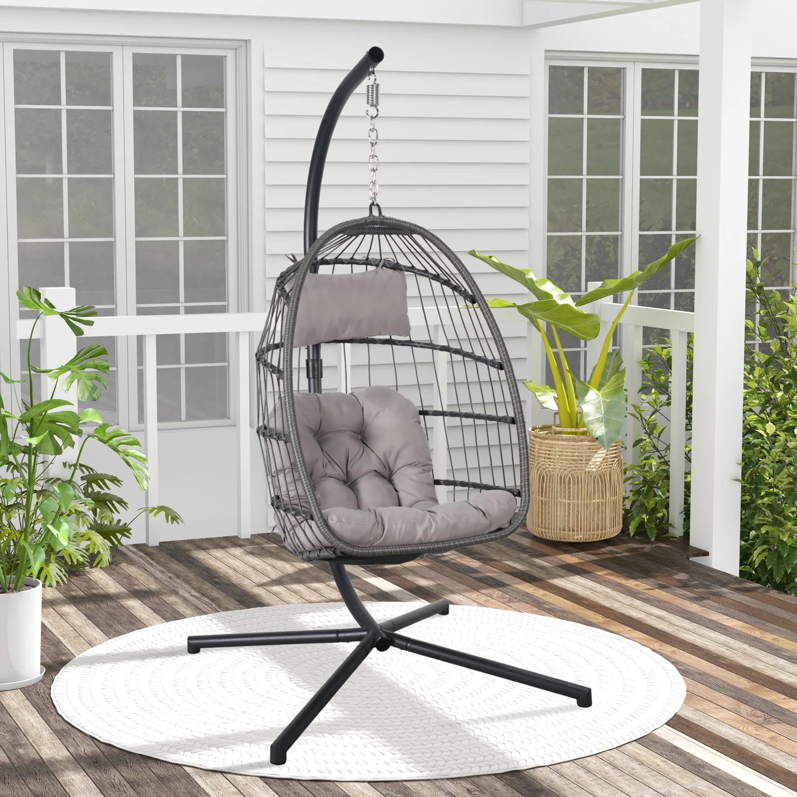 Indoor Outdoor Swing Egg Chair with Stand, Patio Foldable Grey Wicker Rattan Hanging Chair with Cushion, Light Gray - Image 2