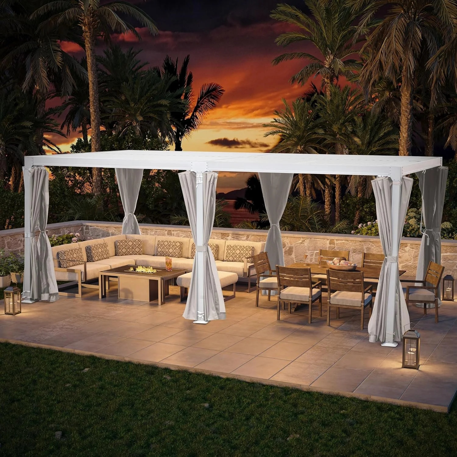 GAZEBETER 10' x 20' Louvered Pergola, Outdoor Aluminium Pergola with Adjustable Roof, Curtains and Netting, Hardtop Gazebo for Patio, Deck, Garden, Yard, Beach, White - Image 2