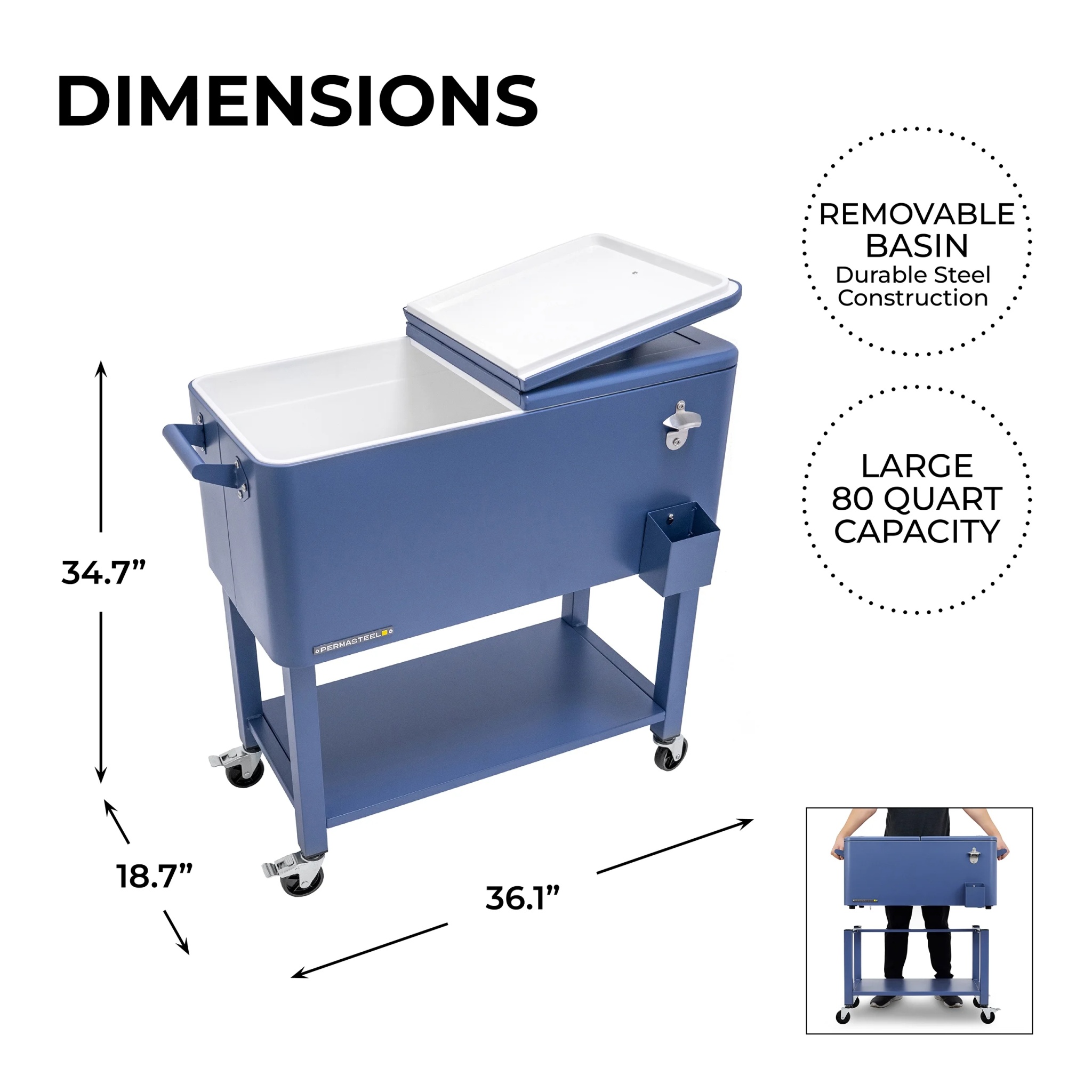 Permasteel 80-Qt Outdoor Steel Patio Cooler with Removable Basin, Rolling Cooler with Wheels, Teal Green - Image 67
