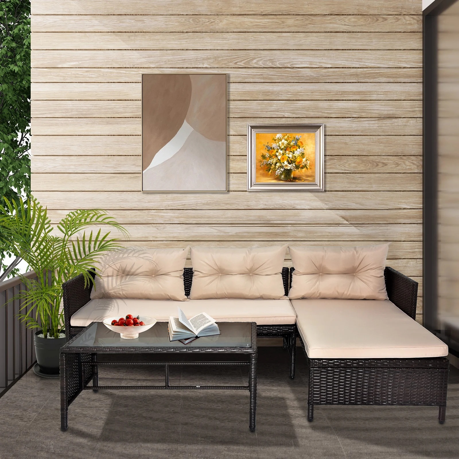 Outdoor Patio Furniture Set of 3, Rattan Wicker Outdoor Swivel Glider Rocker w/Table and Cushions, Brown - Image 2