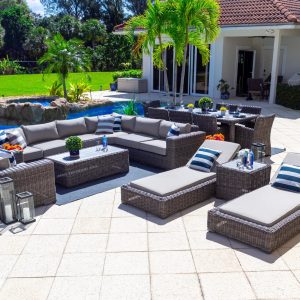 Malmo 18-Piece Resin Wicker Outdoor Patio Furniture Combination Set in Gray w/Sectional Set, Eight-seat Dining Set, and Chaise Lounge Set (Full-Round Gray Wicker, Polyester Light Gray)