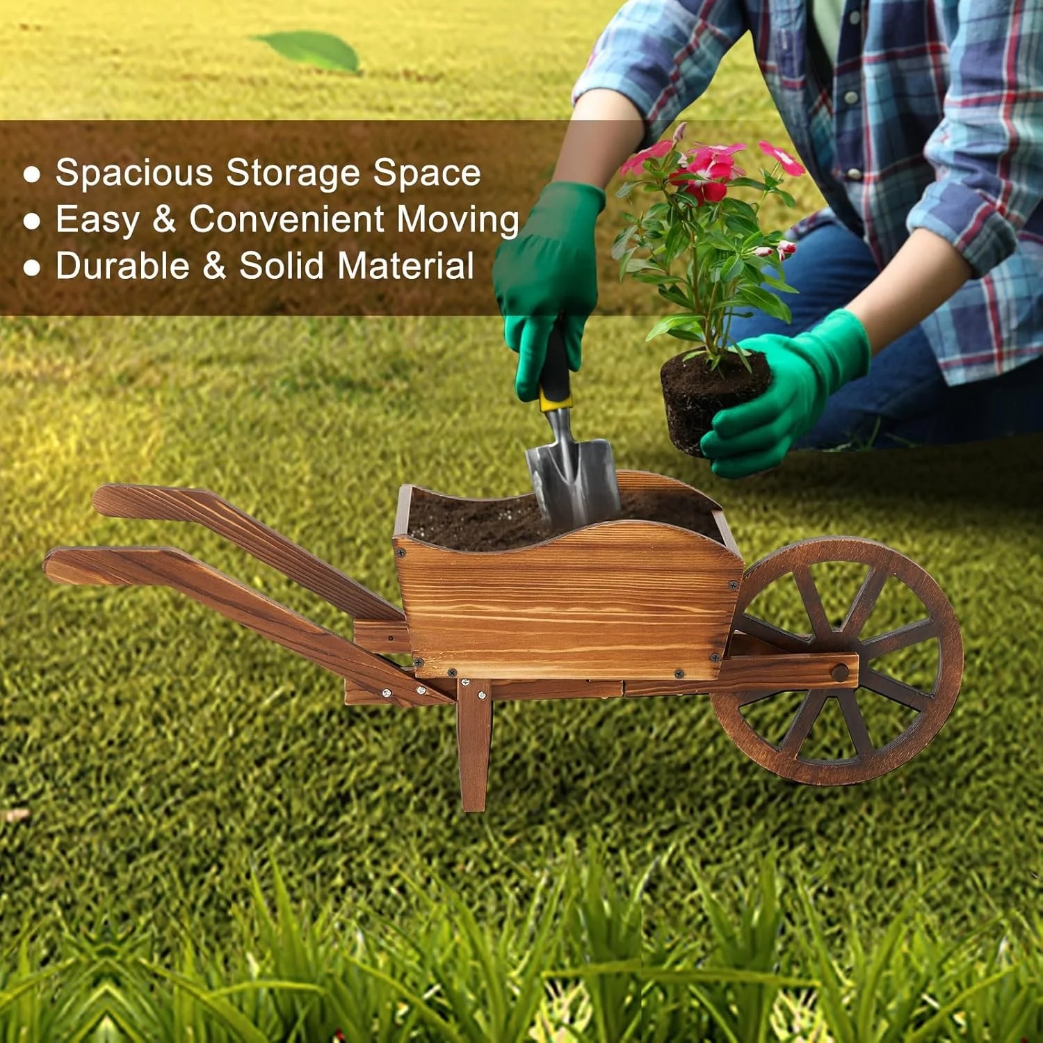 Wooden Wagon Planter Box, Garden Planter with Wagon Wheels, Flower Cart for Patio Garden Balcony, Decorative Patio Flowers Herbs Vegetables for Indoor Outdoor Decor, Brown(Rustic) - Image 5