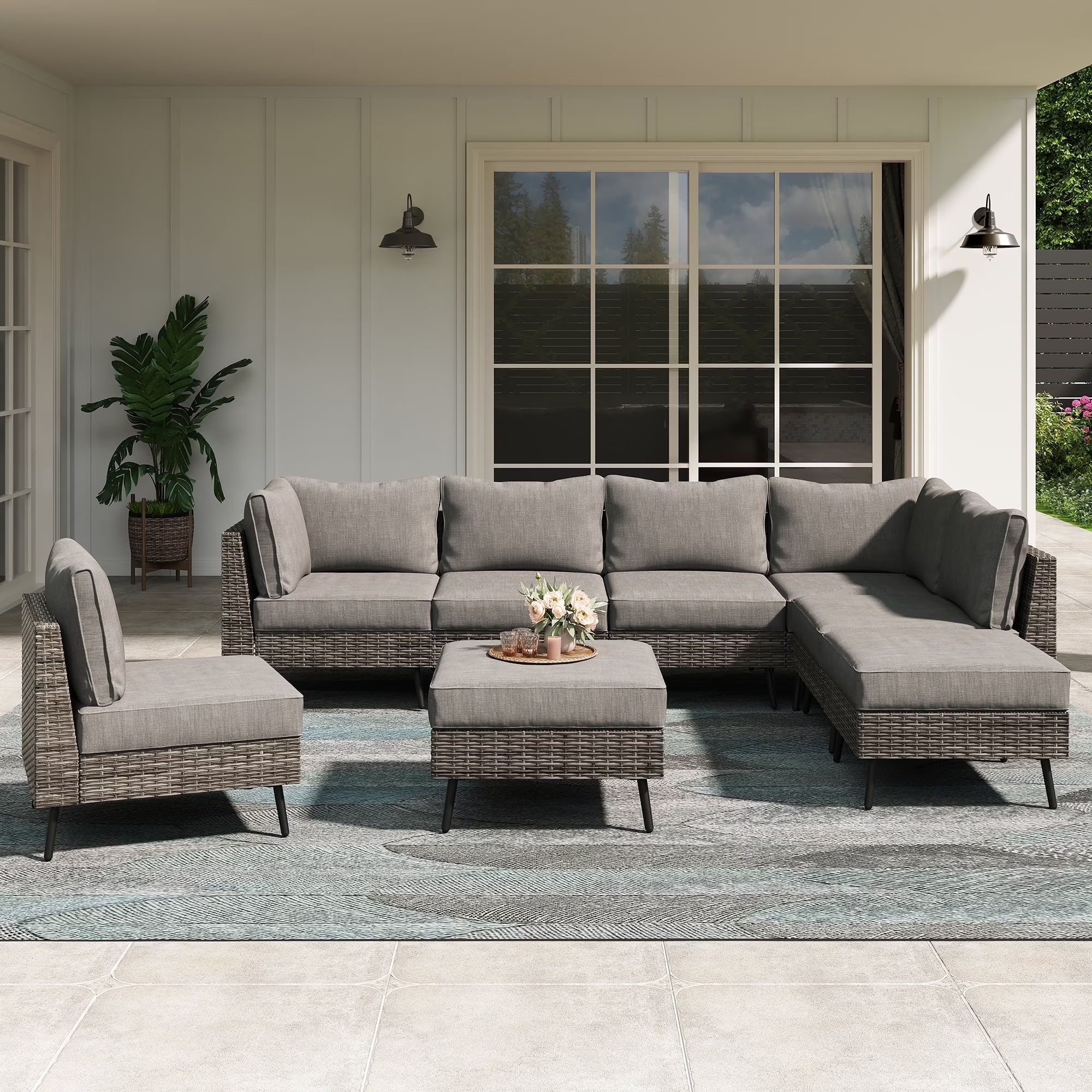 LAUSAINT HOME 6 Pieces Outdoor Furniture Set, Patio Rattan Wicker Sectionals with 4 Chairs and 2 Ottomans, Beige Cushions - Image 5