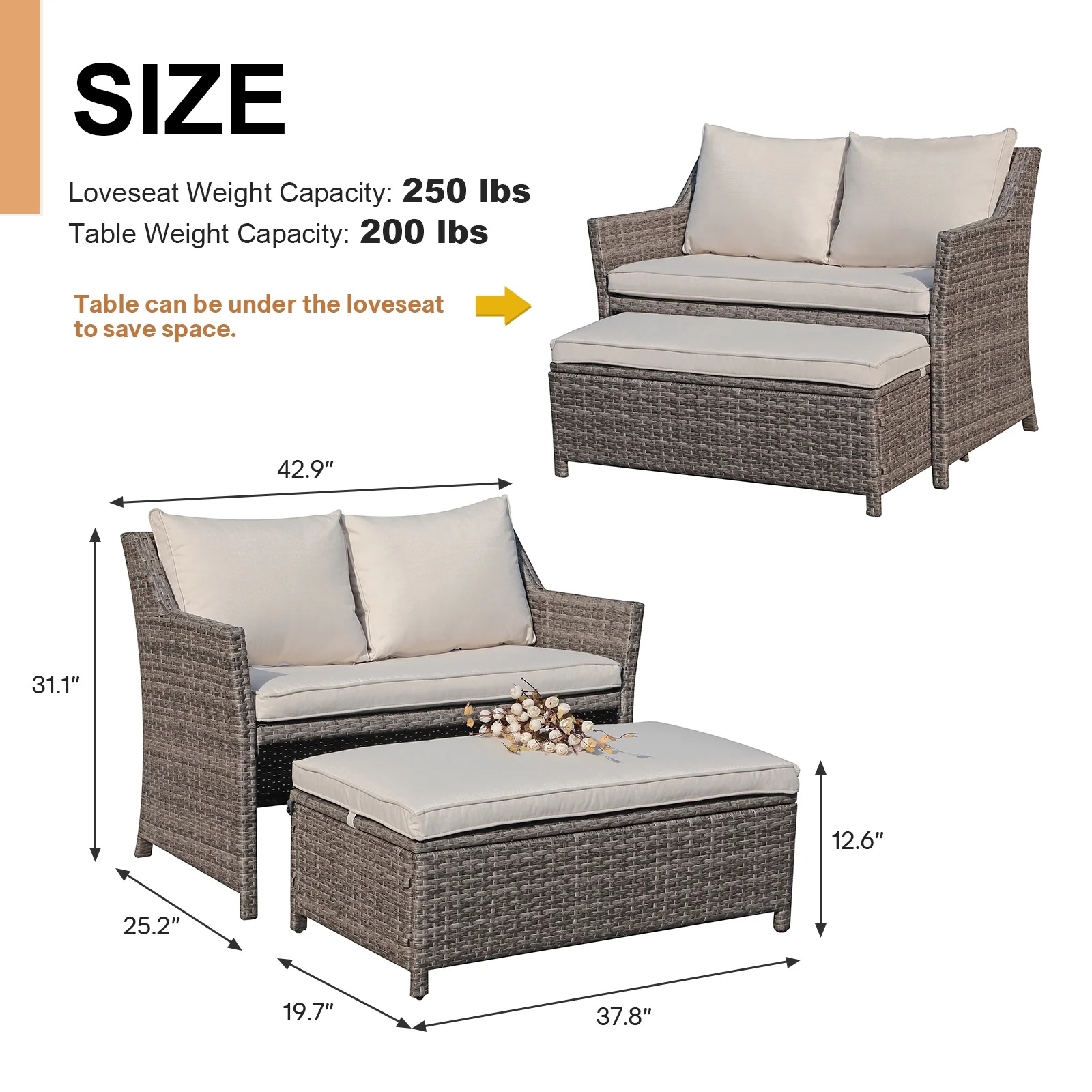 Outdoor Wicker Love Seat and Coffee Table Set, Weather Resistant Grey Rattan, Patio Furniture with Gray Cushions & Storage Bin - Image 19