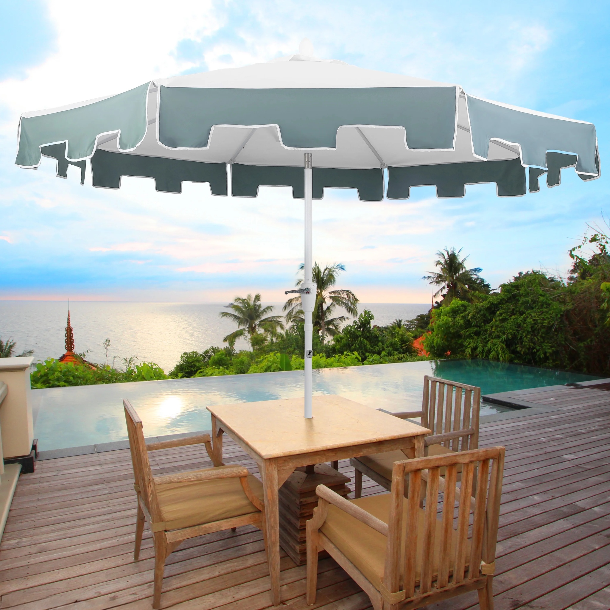 JONATHAN Y Baiona 9 ft. Market Patio Umbrella, Classic Mid-Century with UV Protection, Auto-Tilt, Crank and Wind Vent, White/Coral Pink - Image 13