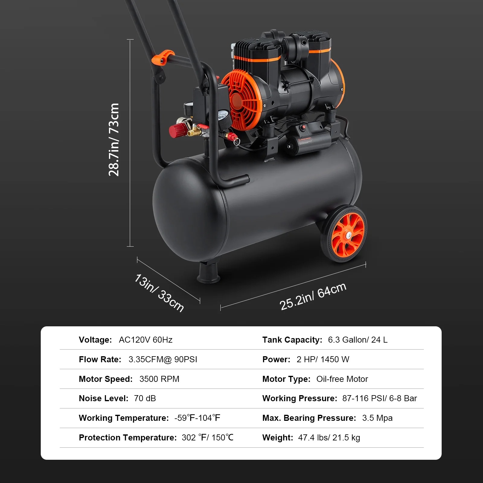 BENTISM 6.3 Gallon Air Compressor, 2 HP 3.35 CFM@90PSI Oil Free Air Compressor Tank & Max. 116PSI Pressure, 70 dB Ultra Quiet Compressor for Auto Repair, Tire Inflation, Spray Painting, Woodwork Nail - Image 7