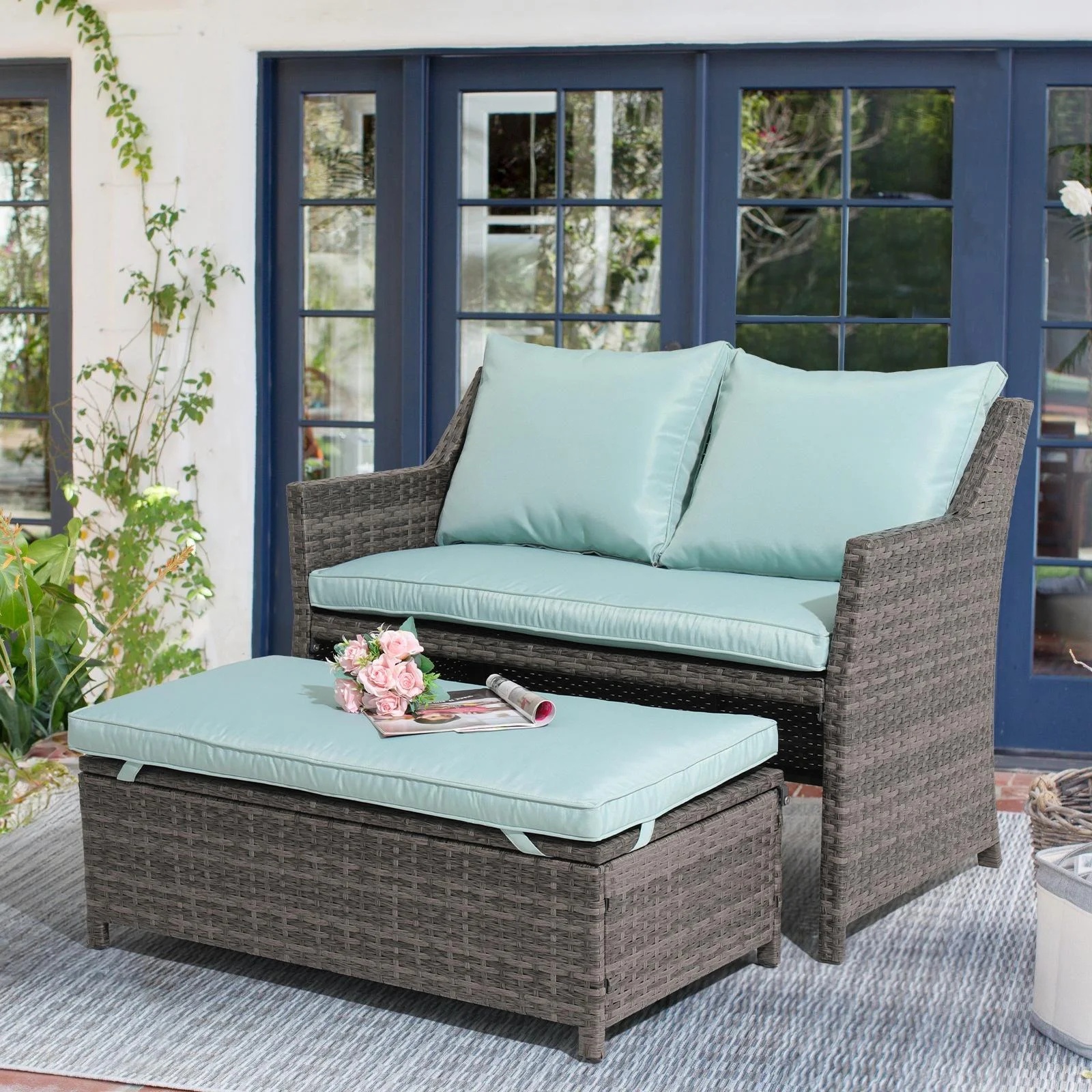 Outdoor Wicker Love Seat and Coffee Table Set, Weather Resistant Grey Rattan, Patio Furniture with Gray Cushions & Storage Bin - Image 22