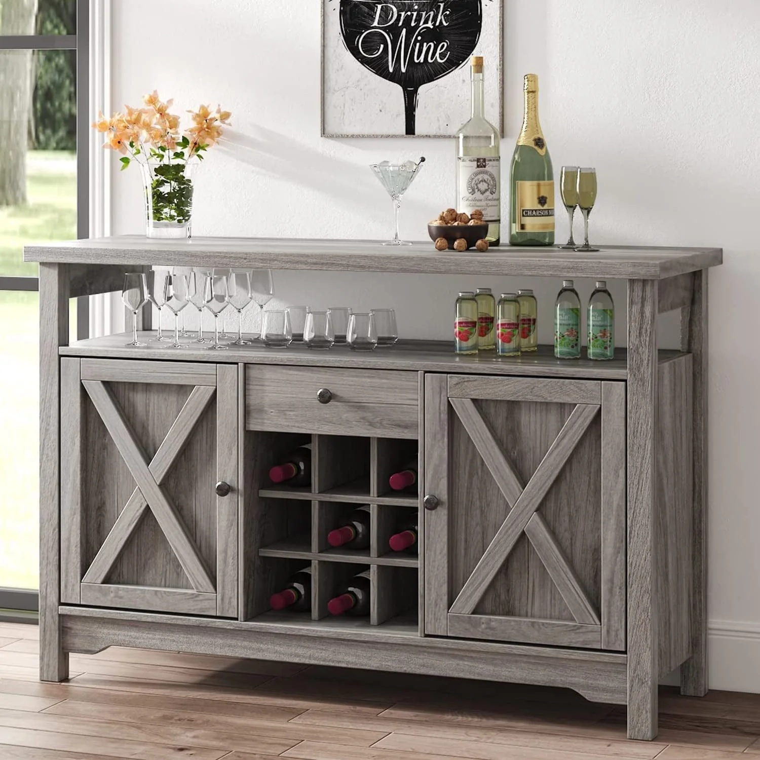 Catrimown Farmhouse Coffee Bar Cabinet, 47" Sideboard Buffet Cabinet with Barn Door, Buffet Storage Cabinet with Removable Wine Rack, Farmhouse Gray - Image 2