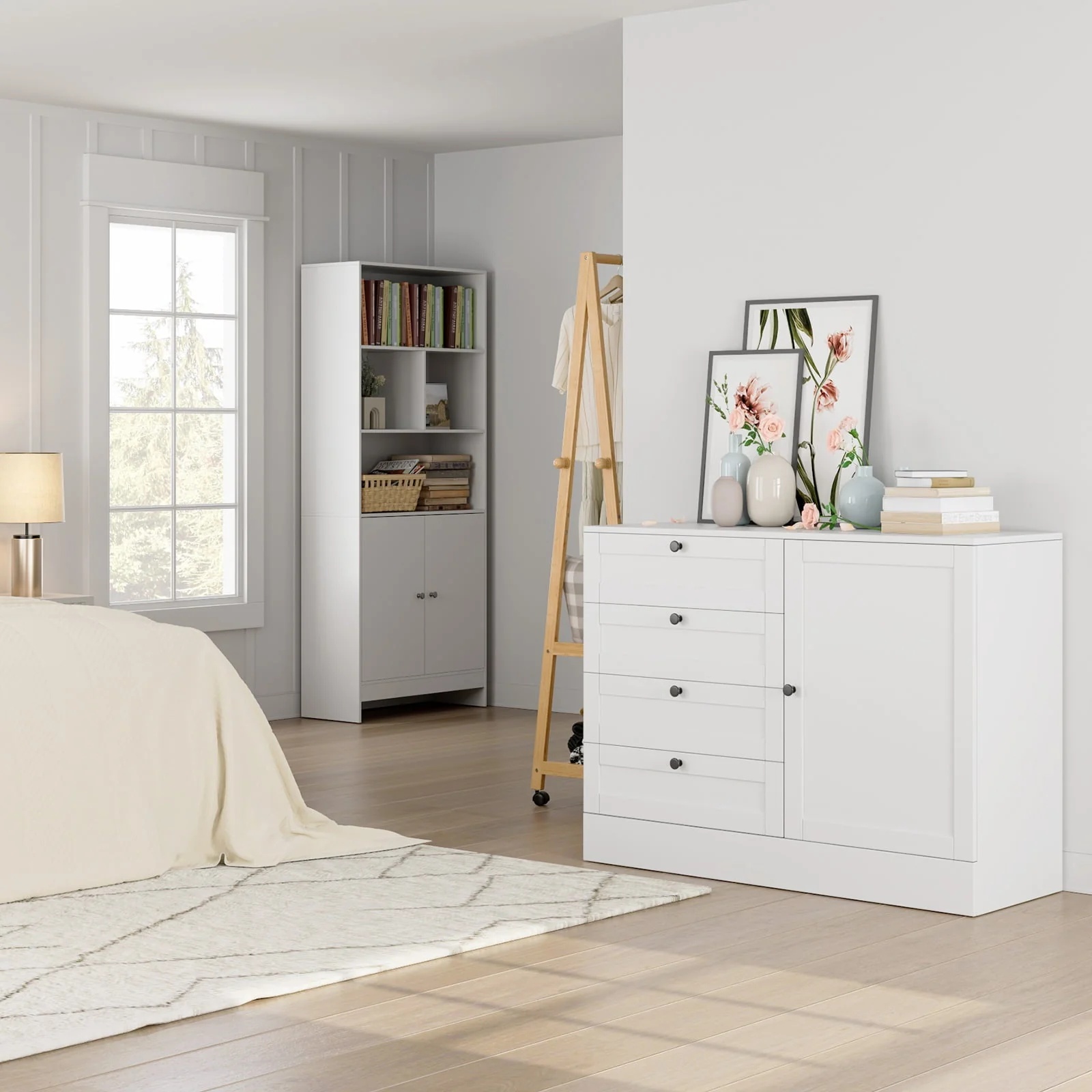 Homfa White Storage Cabinet with 4 Drawers & 1 Door, 43.3'' Wide Chest Sideboard Buffet for Dining Room, Kitchen, Bedroom - Image 4