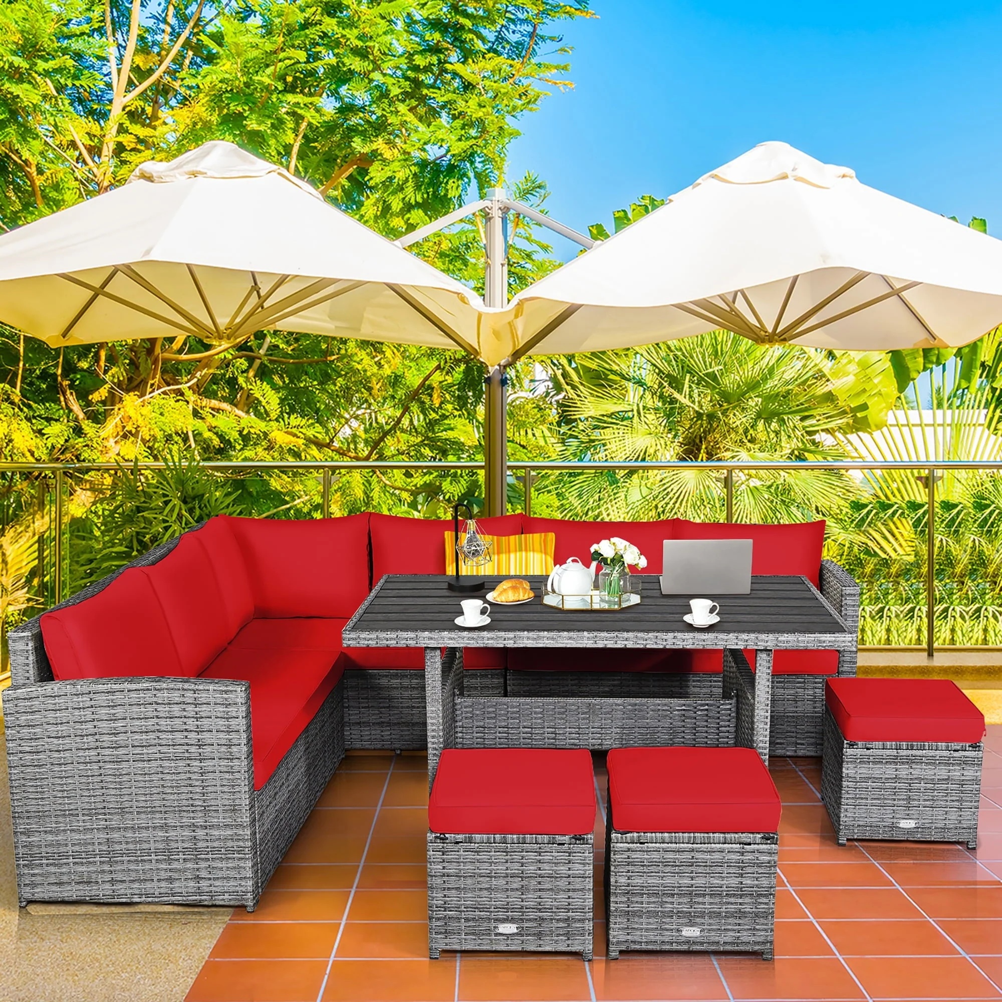 Costway 7 PCS Patio Rattan Dining Set Sectional Sofa Couch Ottoman Garden Red - Image 5