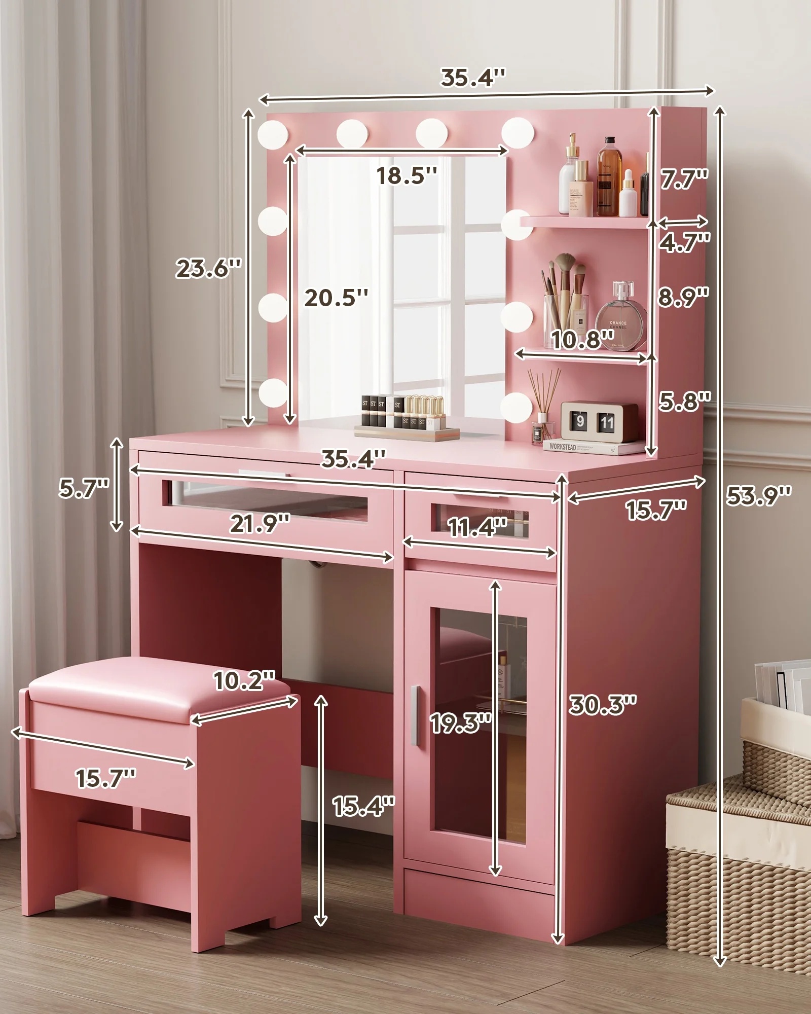 LIVELYGLOW Vanity Desk with Mirror and Lights, Makeup Vanity with Drawer & Storage Shelves, Cabinet, 3 Lighting Modes Adjustable Brightness,White - Image 18