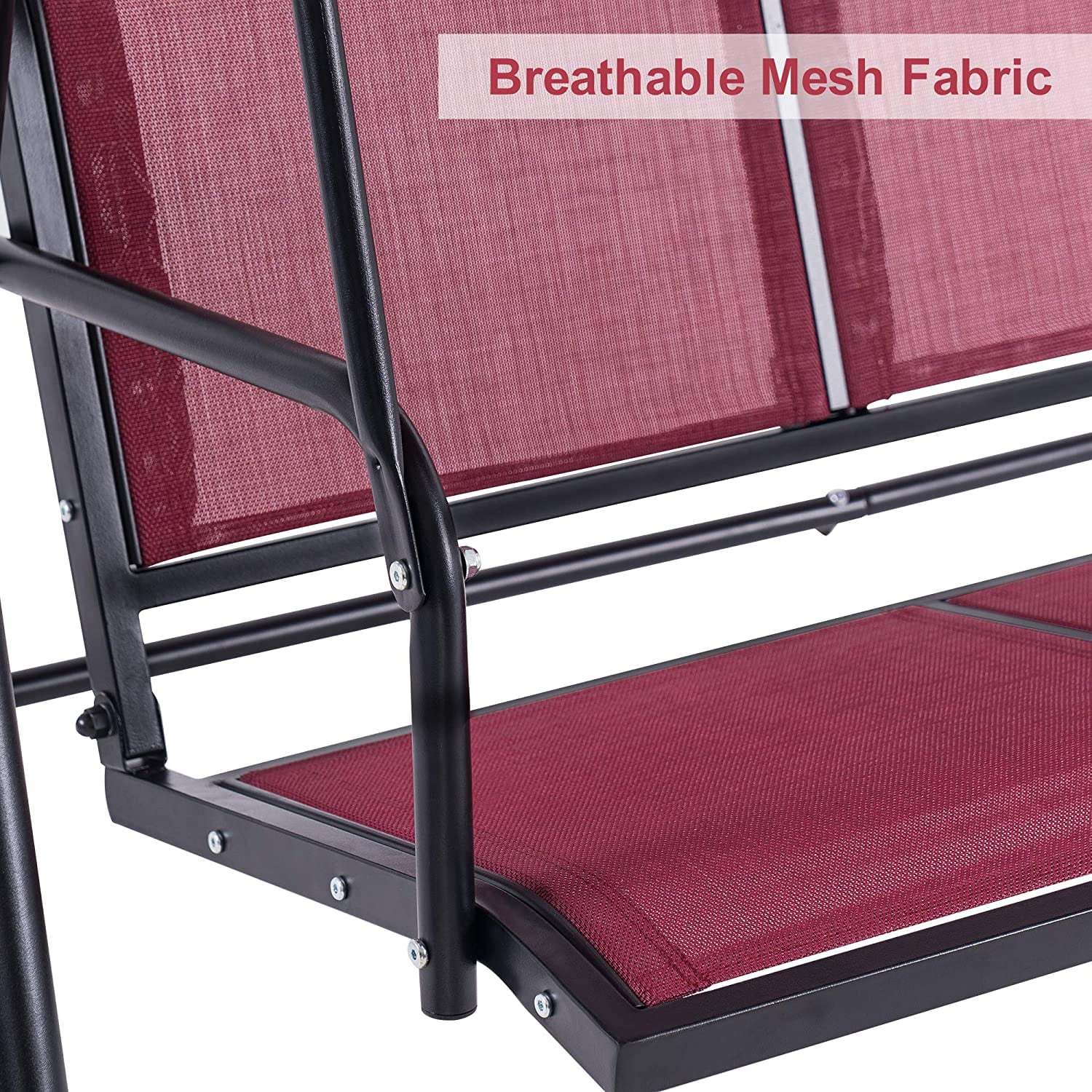 Mcombo Outdoor 3 Person Patio Canopy Swing Chair, Porch Swing, Burgundy - Image 8