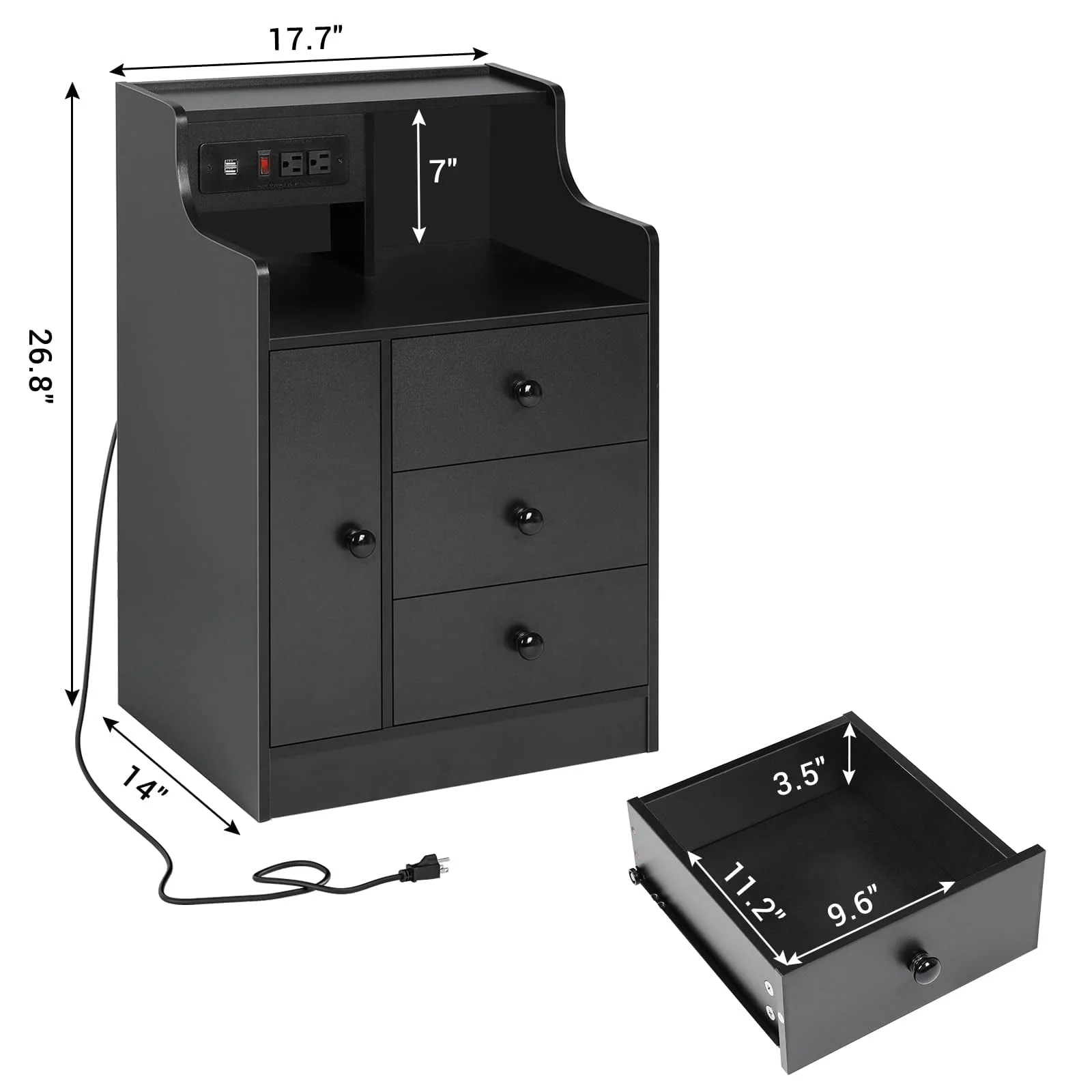 Nightstand with 3 Storage Drawers and Hutch, Black Night Stand with Charging Station End Side Table with 1 Door, Modern Bedside Table for Bedroom - Image 15