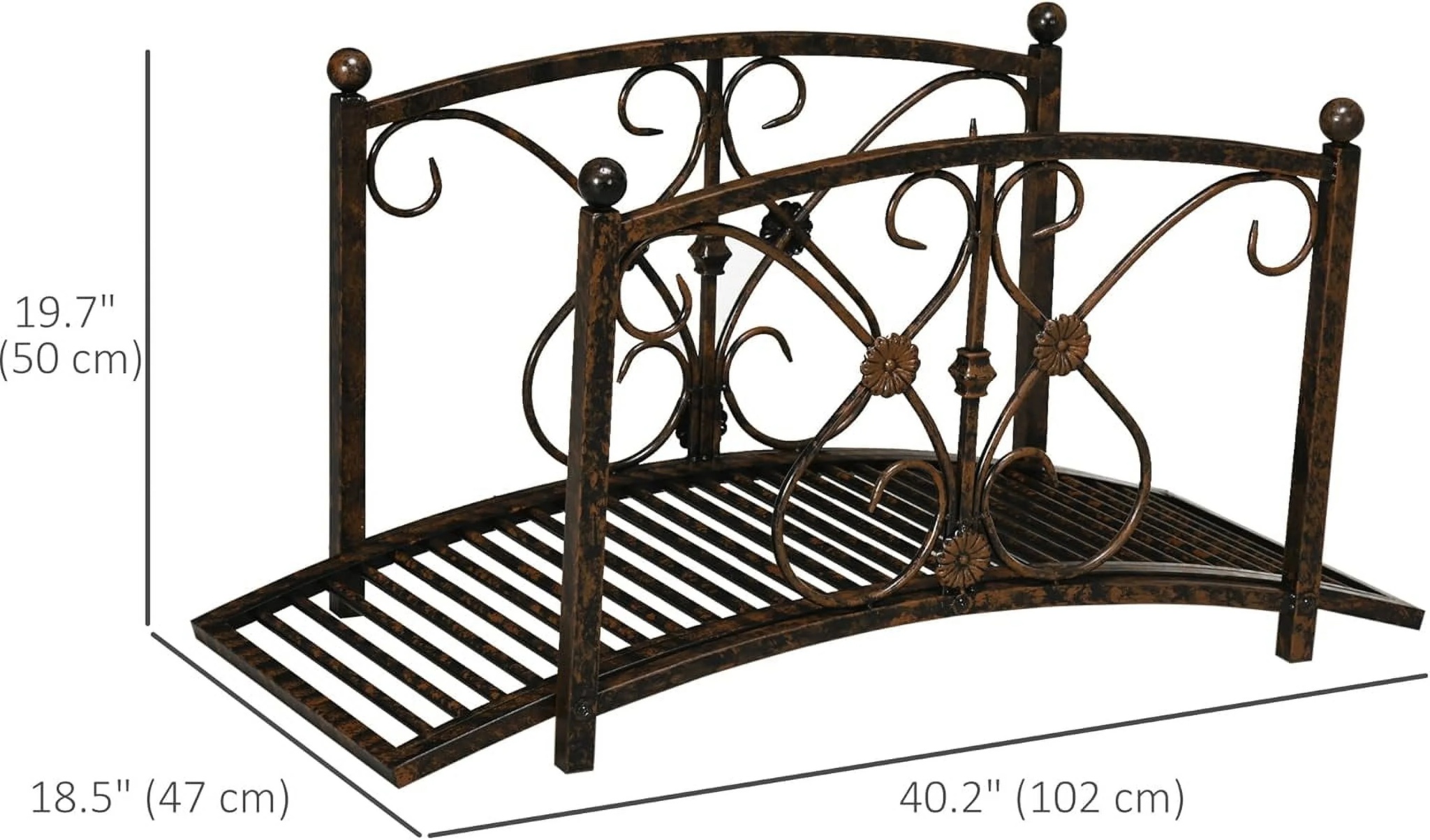 Metal Arch Zen Garden Bridge with Safety Siderails, Decorative Footbridge, Delicate Floral Scrollwork for Stream, Fish Pond, Brown - Image 5