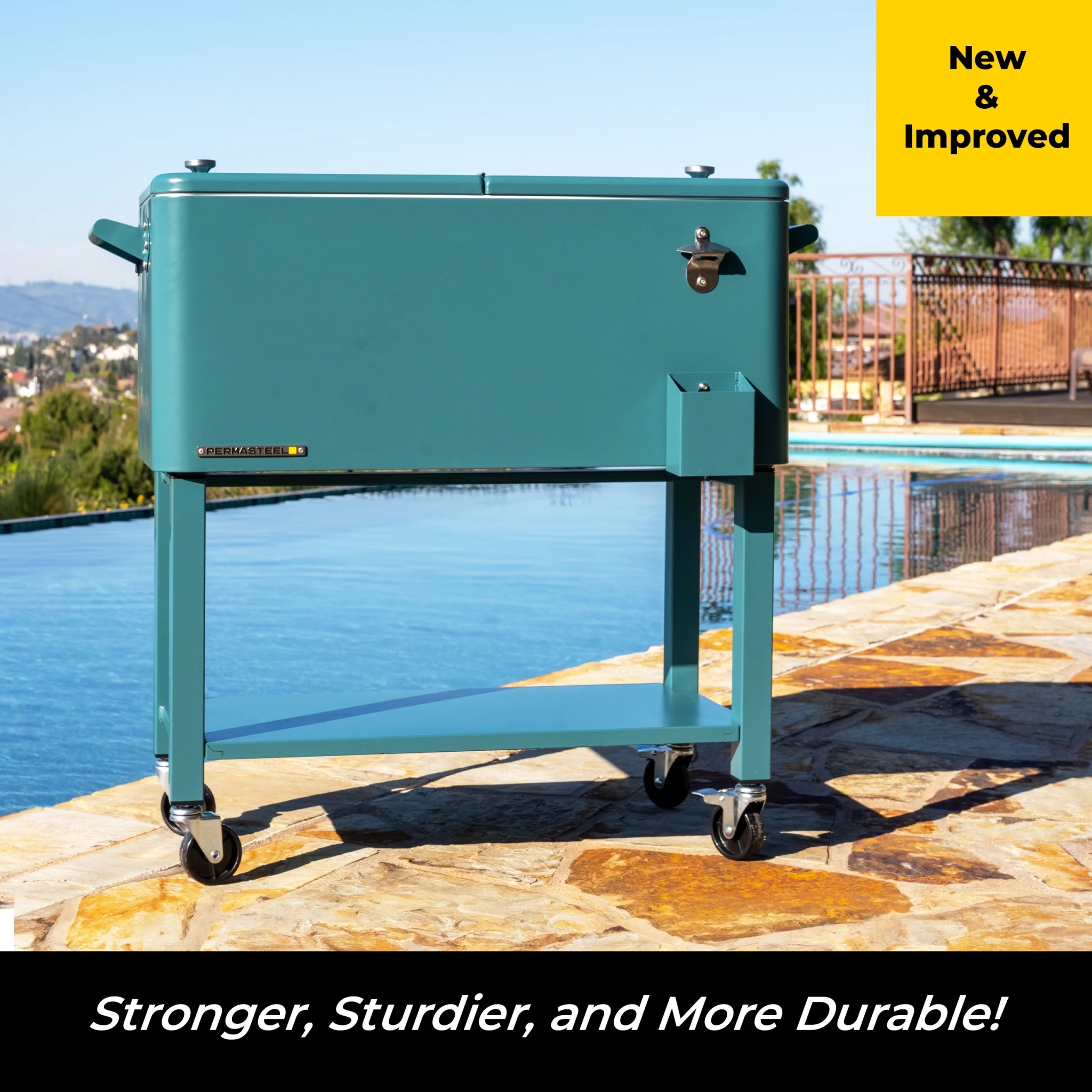 Permasteel 80-Qt Outdoor Steel Patio Cooler with Removable Basin, Rolling Cooler with Wheels, Teal Green - Image 2