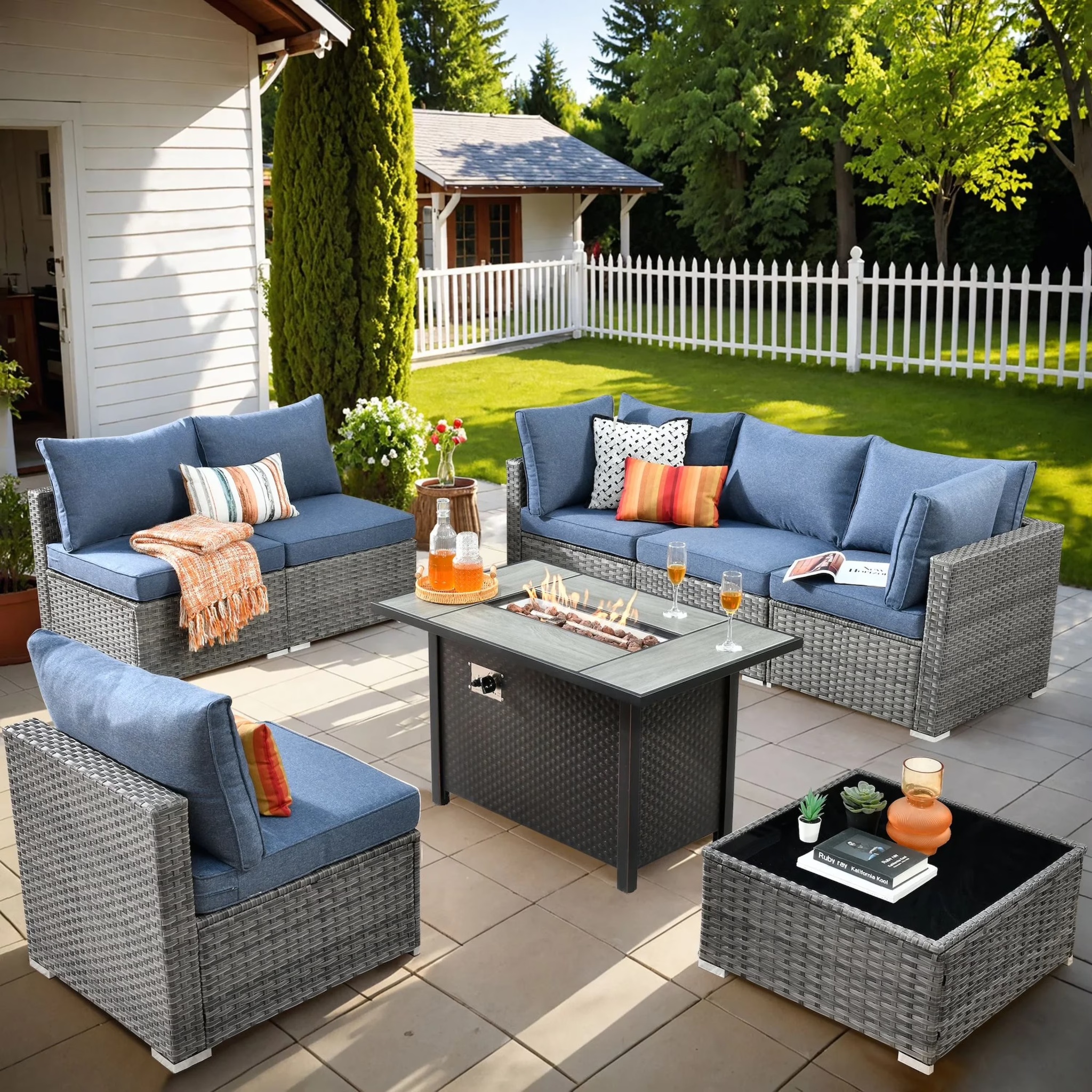 Vcatnet 11 Pieces Outdoor Patio Furniture Sets with Fire Pit Sectional Sofa All Weather Wicker Conversation Set with Swivel Glider Chairs, Black - Image 14