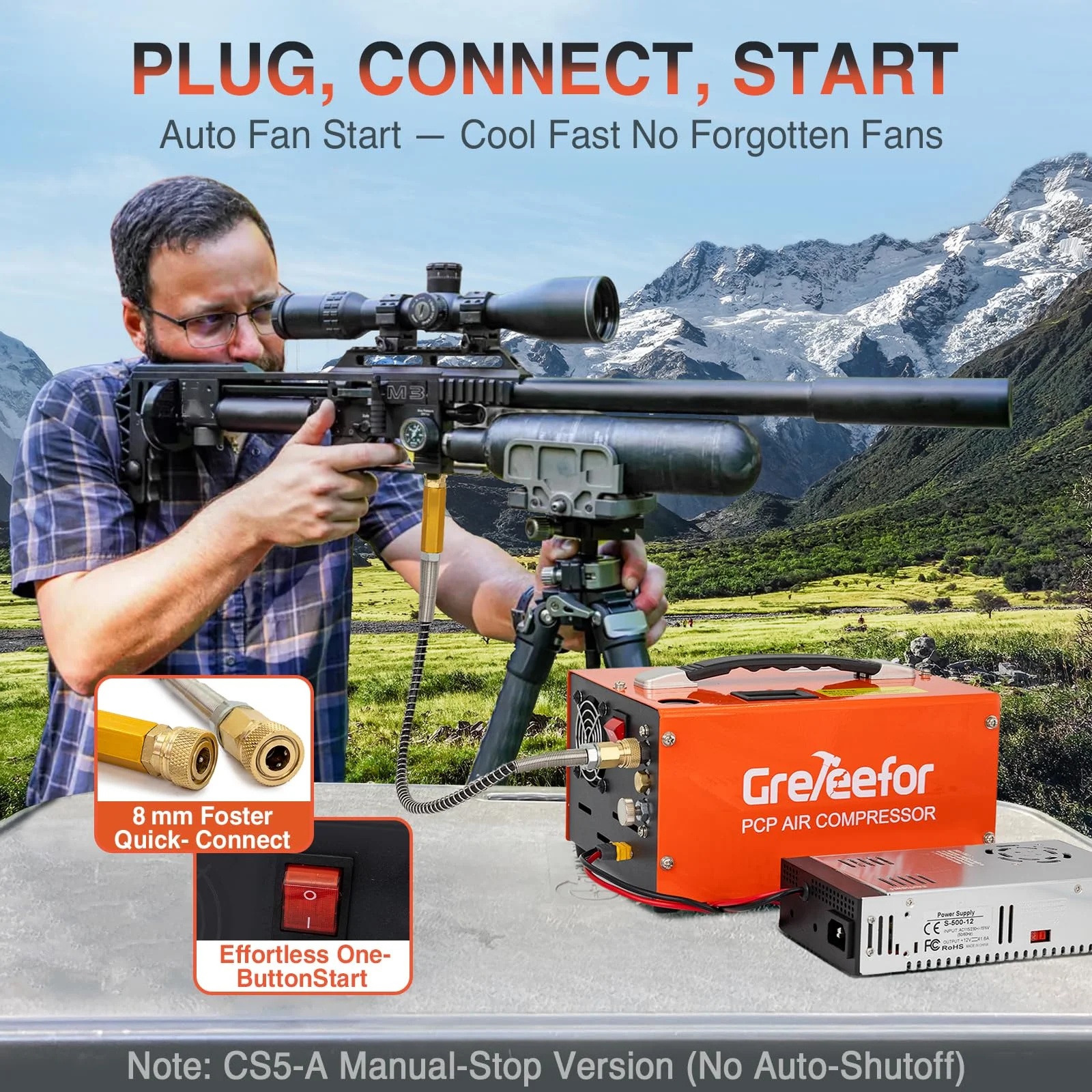 Greteefor PCP Air Compressor, Built-in 600W Adapter, 4500Psi/30Mpa, 350W Motor, 12V DC or 110V/220V AC Power, Auto Stop, Water/Oil free &Cooling Fan for Air Rifle, Paintball, HPA Tanks LightWeight - Image 4