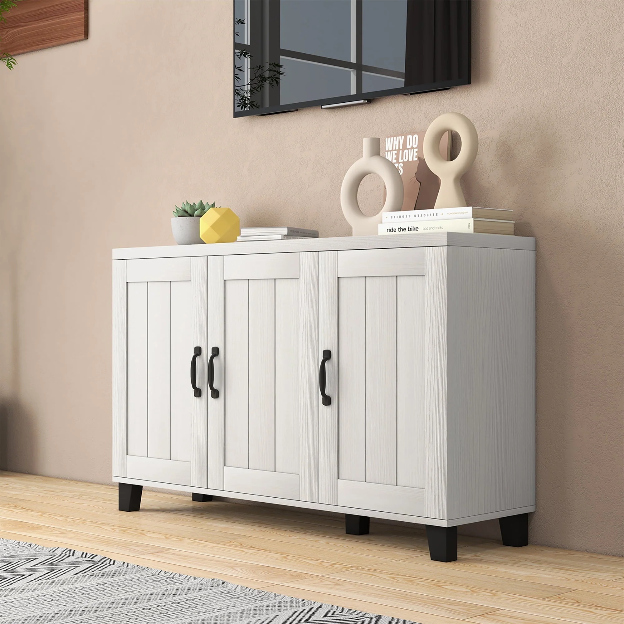 Costway 3-Door Buffet Sideboard Storage Credenza Cabinet Console Adjustable Shelf White Wash - Image 3