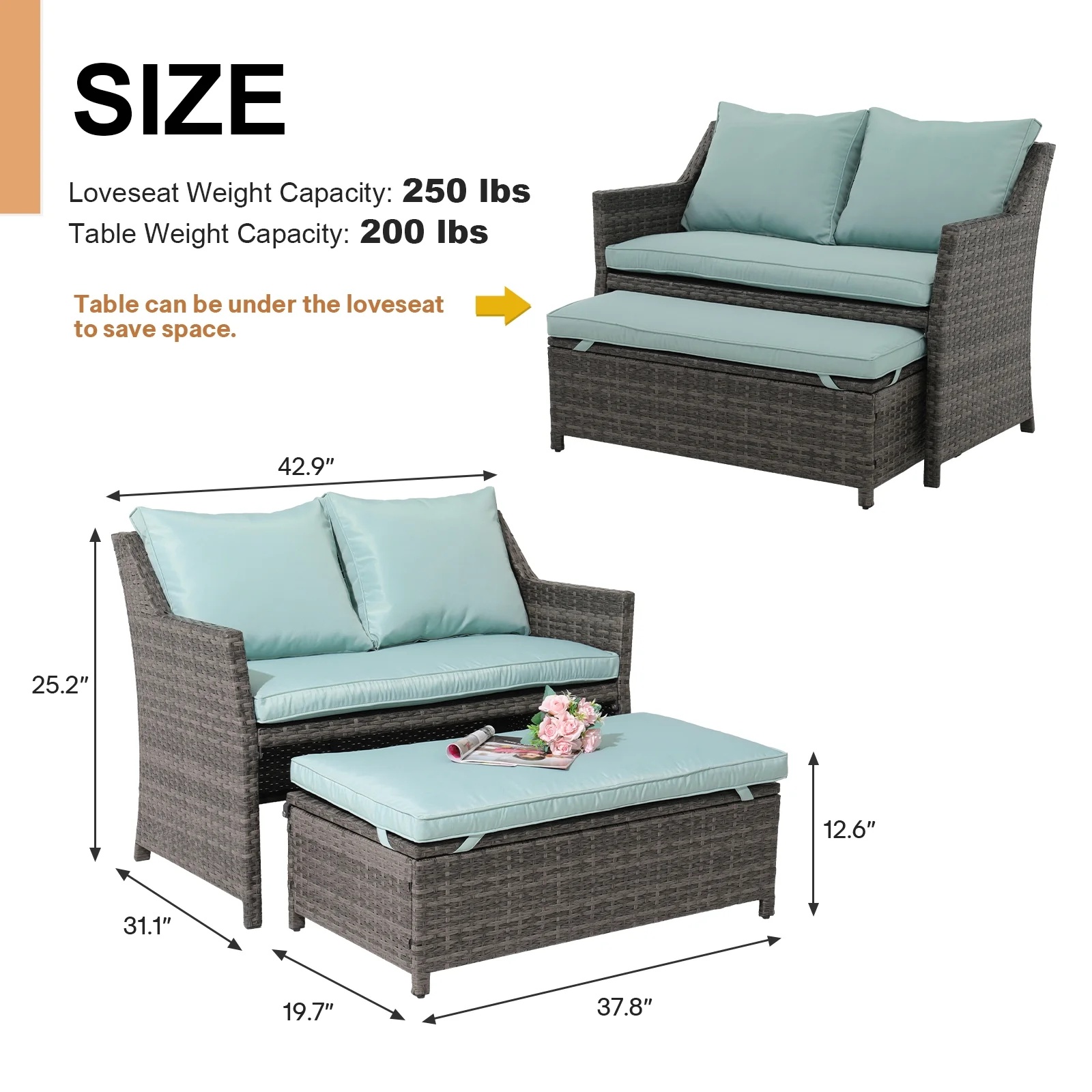 Outdoor Wicker Love Seat and Coffee Table Set, Weather Resistant Grey Rattan, Patio Furniture with Gray Cushions & Storage Bin - Image 23