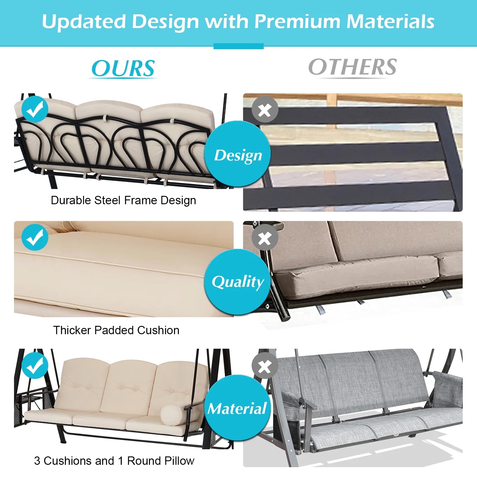 AECOJOY 3 Persons Outdoor Patio Canopy Steel Porch Swing Chair-Beige, Porch Swing - Image 6