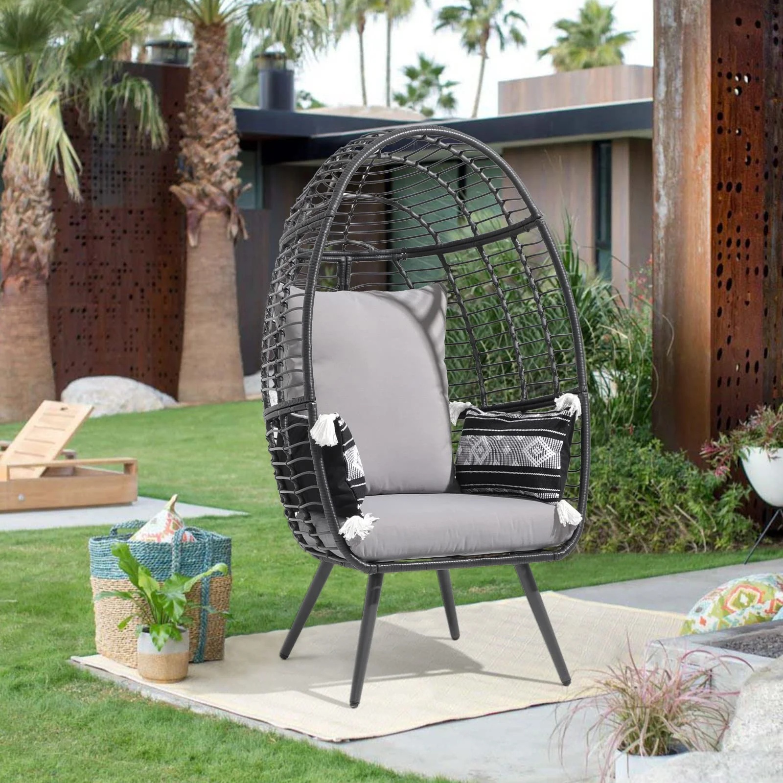 Indoor Outdoor Swing Egg Chair with Stand, Patio Foldable Grey Wicker Rattan Hanging Chair with Cushion, Light Gray - Image 22