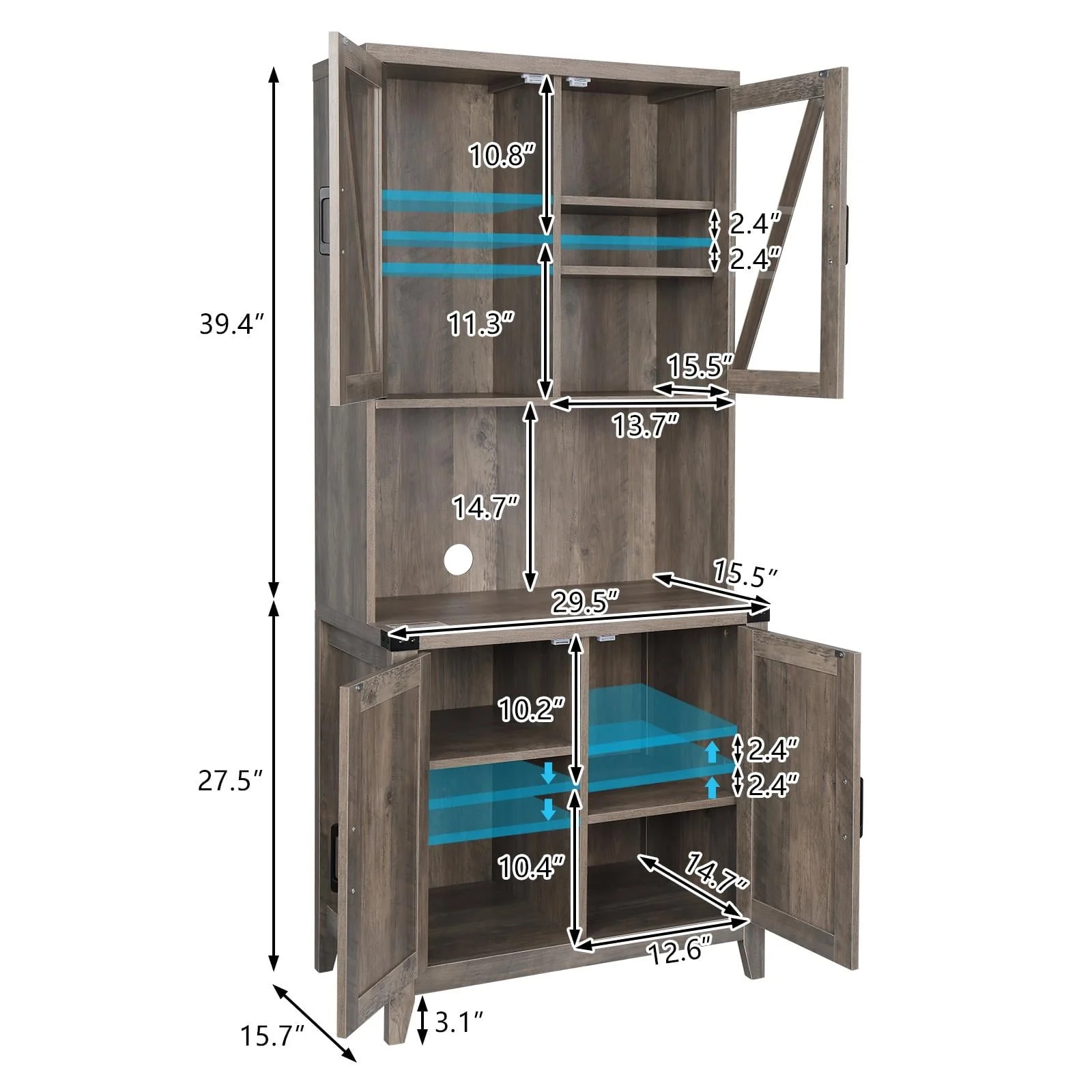 Freestanding Rustic Kitchen Buffet with Hutch, Pantry Storage Cabinet with Adjustable Shelf Grey Oak - Image 8