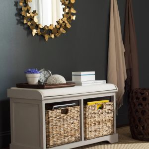 SAFAVIEH Freddy Contemporary Wicker Storage Bench with Cushion, Vintage Grey