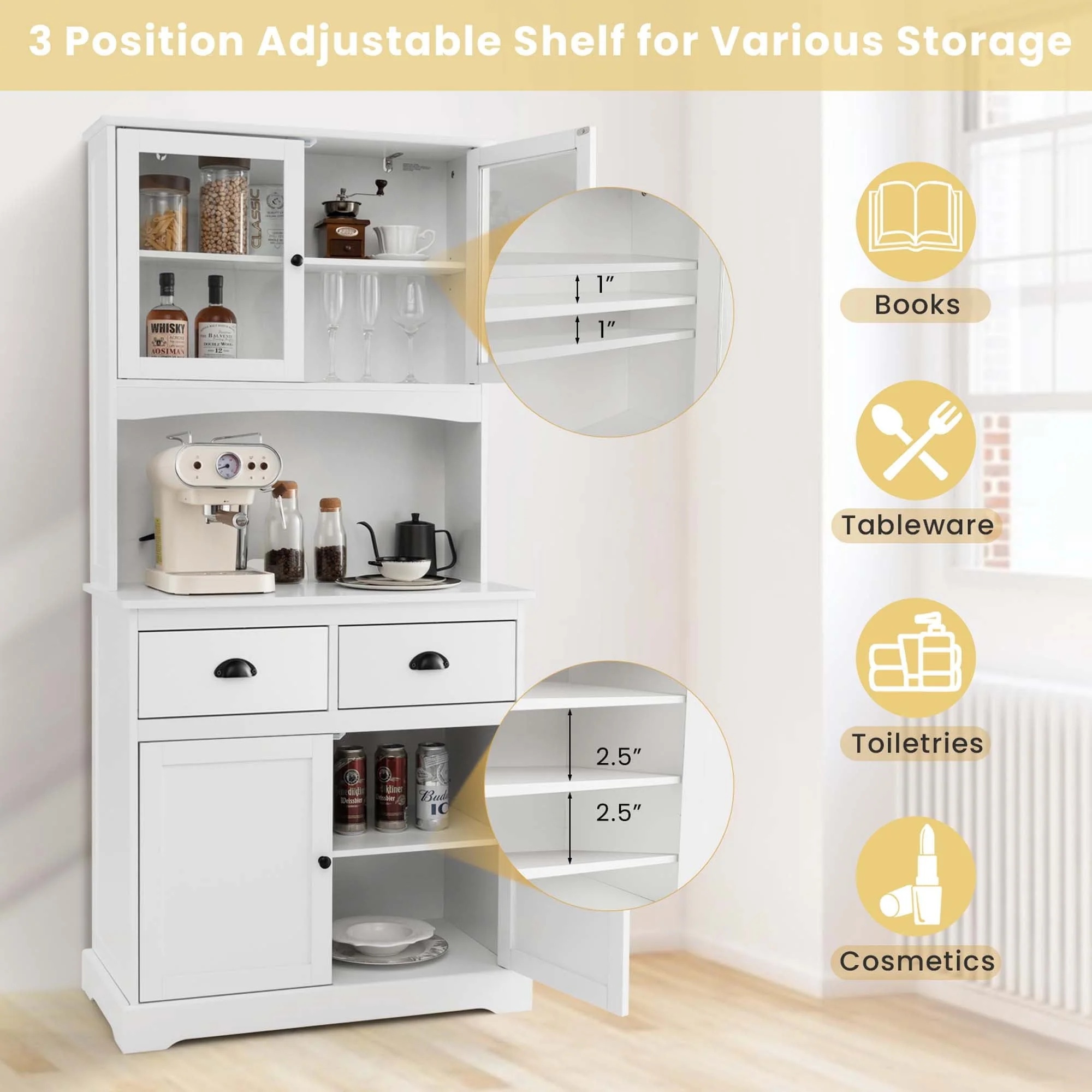Costway 67'' Storage Cabinet Closet Kitchen Pantry Cupboard with Adjustable Shelves White - Image 5