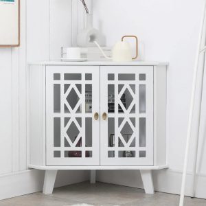 Eclife 32" Corner Sideboard Cabinet Freestanding Space Saving Storage Organizer with 2 Doors and 2-Tier Shelves, White