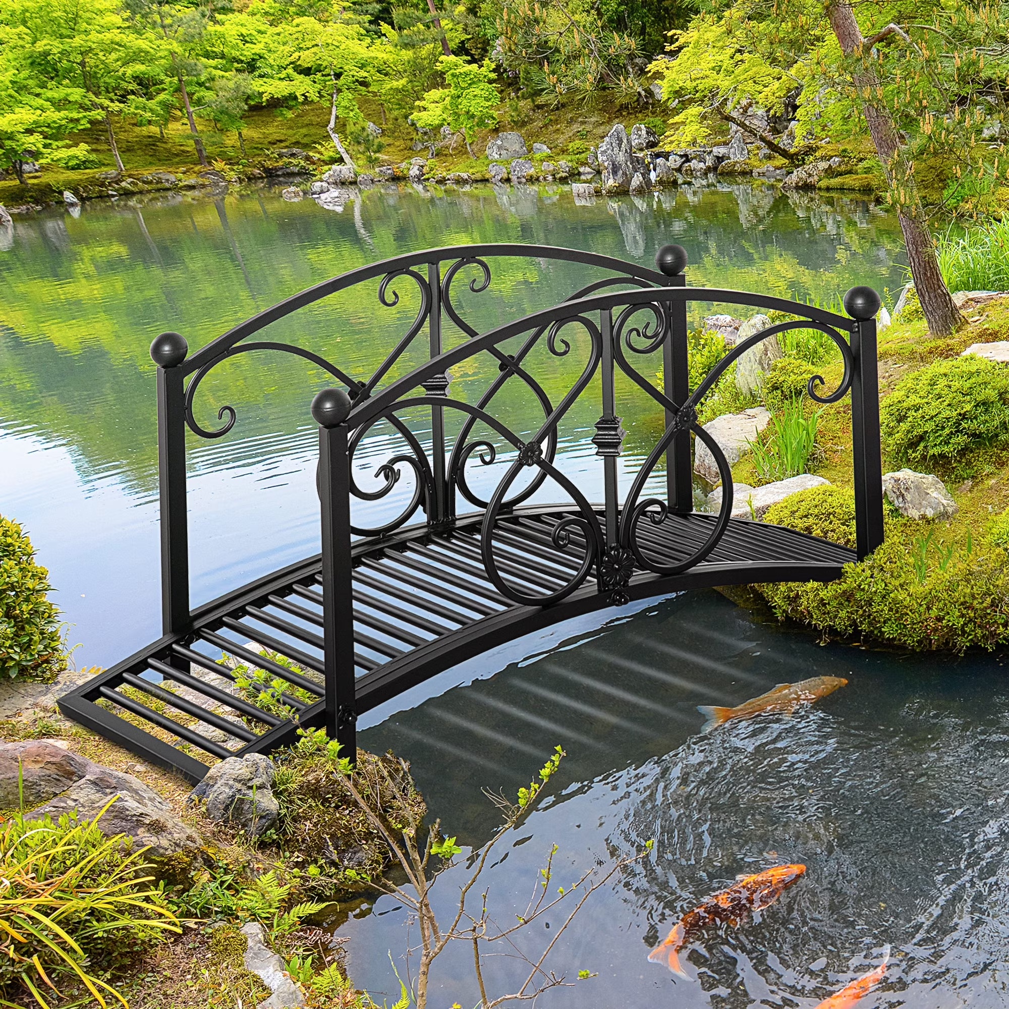 Outsunny 3.3FT Metal Arch Zen Garden Bridge with Safety Siderails, Decorative Footbridge, Delicate Floral Scrollwork for Stream, Fish Pond, Brown - Image 3