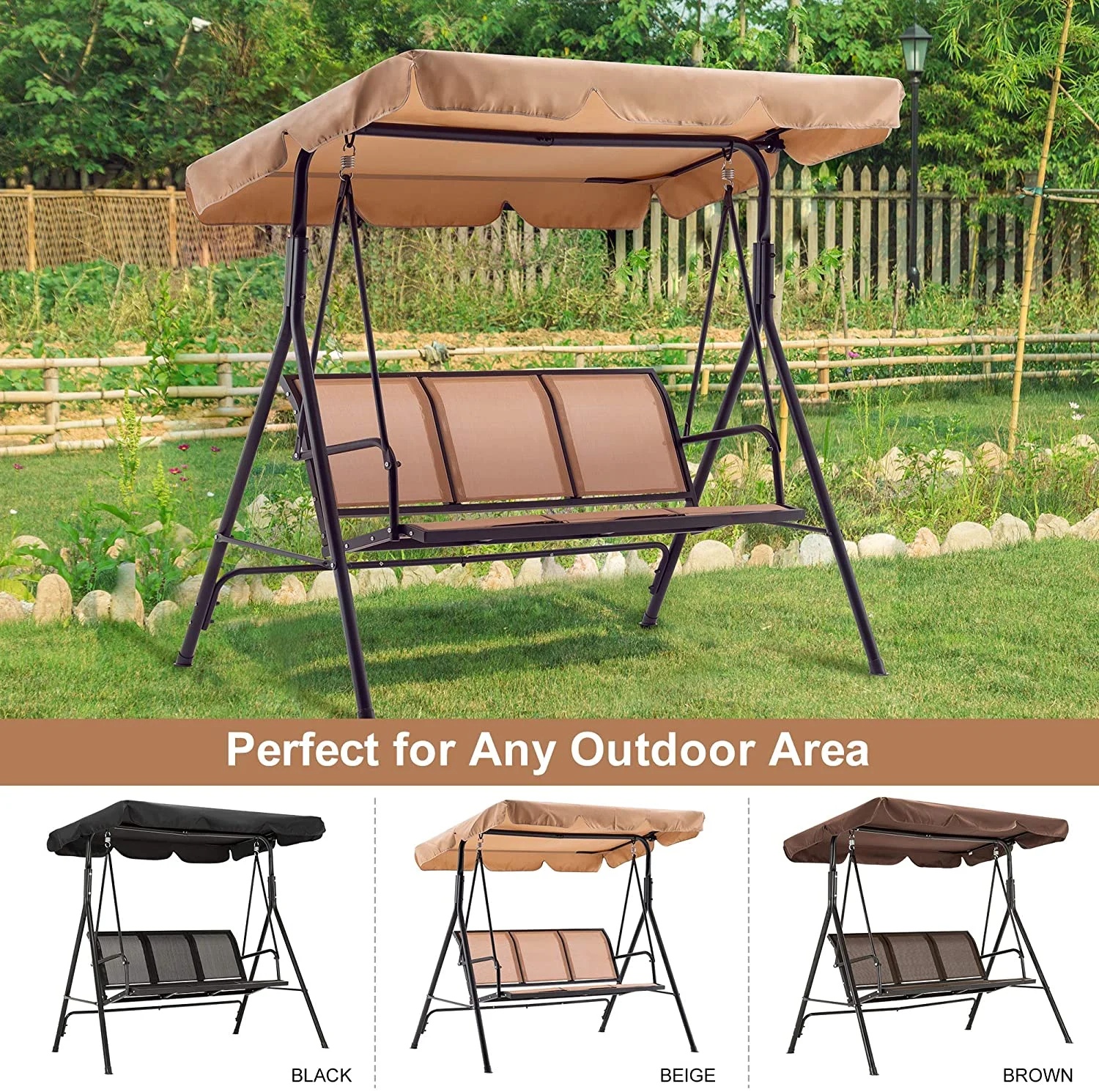 Mcombo Outdoor 3 Person Patio Canopy Swing Chair, Porch Swing, Burgundy - Image 9