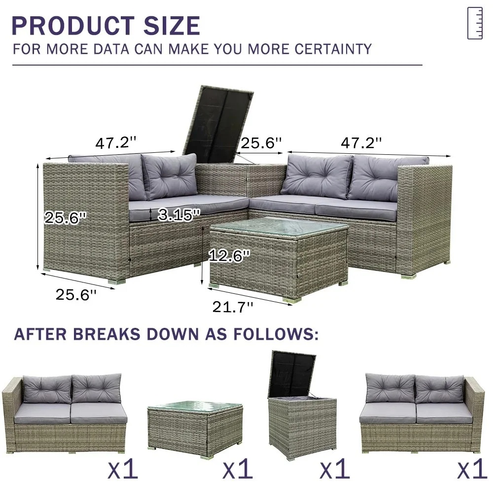 UHOMEPRO 4-Piece Rattan Patio Furniture Sets, All-Weather PE Wicker Patio Conversation Set with Storage Box, Glass Coffee Table, Outdoor Sectional Sofa Set for Backyard Patio Garden Poolside, Gray - Image 9
