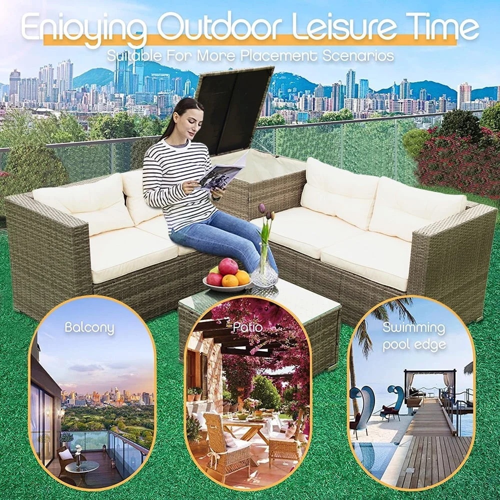 UHOMEPRO 4-Piece Rattan Patio Furniture Sets, All-Weather PE Wicker Patio Conversation Set with Storage Box, Glass Coffee Table, Outdoor Sectional Sofa Set for Backyard Patio Garden Poolside, Gray - Image 27
