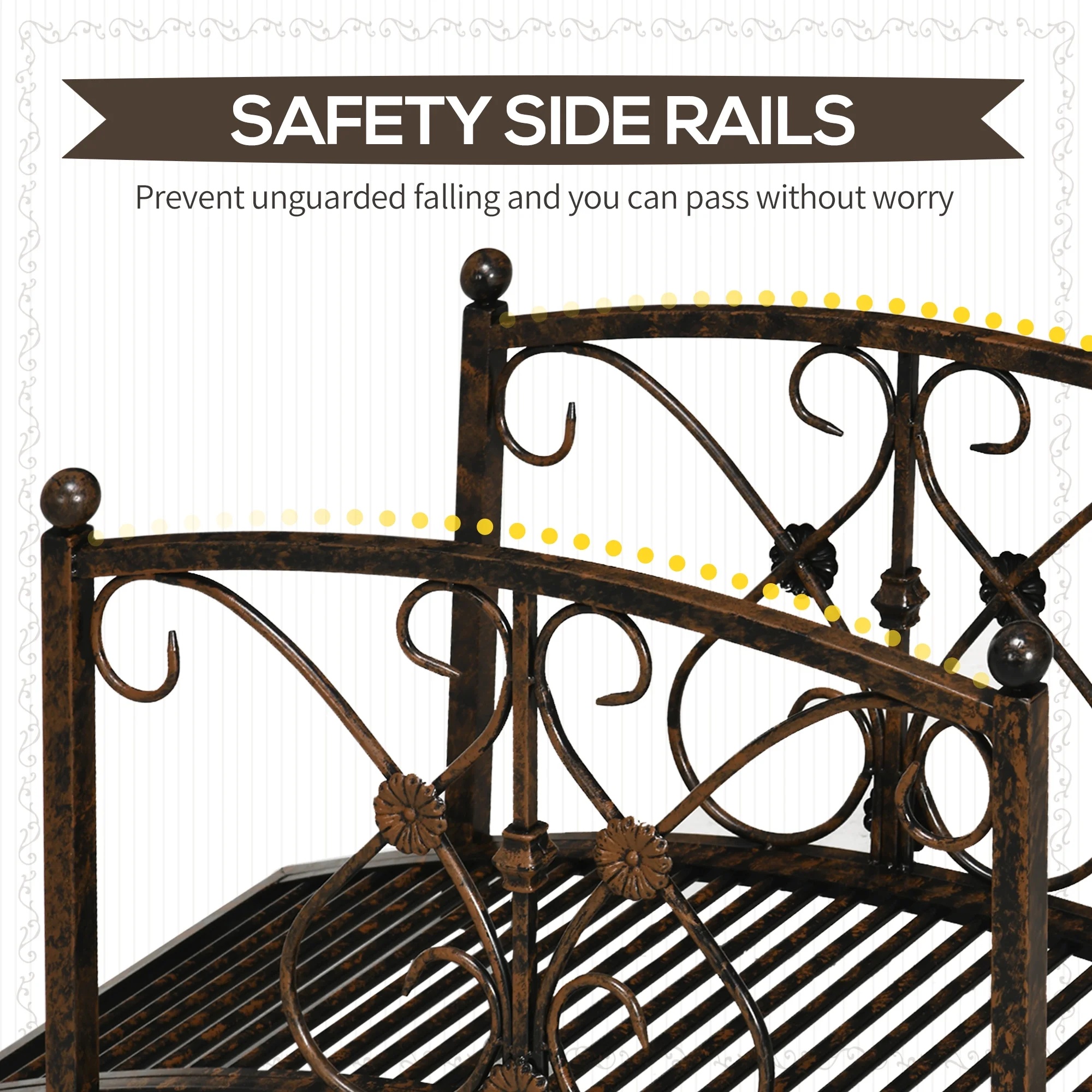 Outsunny 3.3FT Metal Arch Zen Garden Bridge with Safety Siderails, Decorative Footbridge, Delicate Floral Scrollwork for Stream, Fish Pond, Brown - Image 5