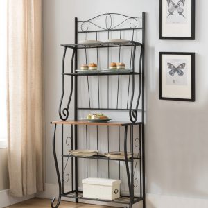 Bian Black Metal & Walnut Wood Transitional 5 Tier Storage Kitchen Bakers Organizer Rack Display Stand