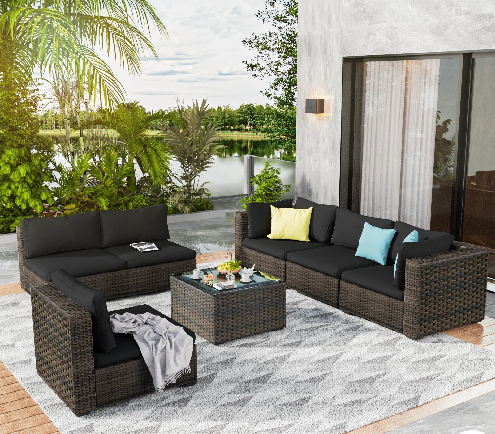 Grezone 7 Patio Outdoor Furniture Wicker Sectional Sofa Couch Lawn Sectional, Black - Image 13