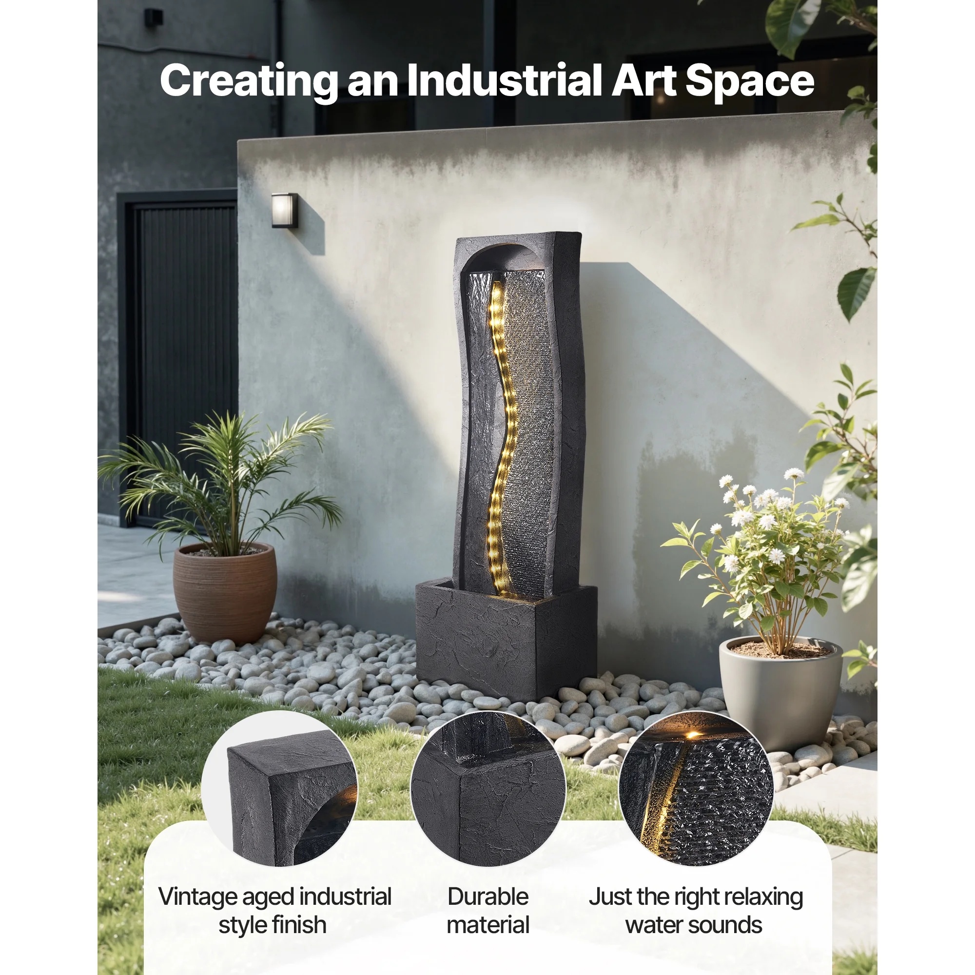 KFFKFF Outdoor Water Fountain, 38.58-Inch Tall with LED Light and Pump, 1-Tier Floor Standing Rock Base Design for Garden, Home, Patio, and Backyard Use - Image 2