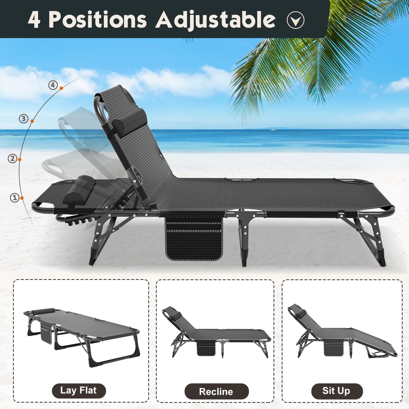 MOPHOTO Adult Camping Cot Adjustable 4-Position Folding Cot, Portable Heavy Duty Sleeping Bed, Outdoor Patio Folding Lounge Chair for Sunbathing - Image 6
