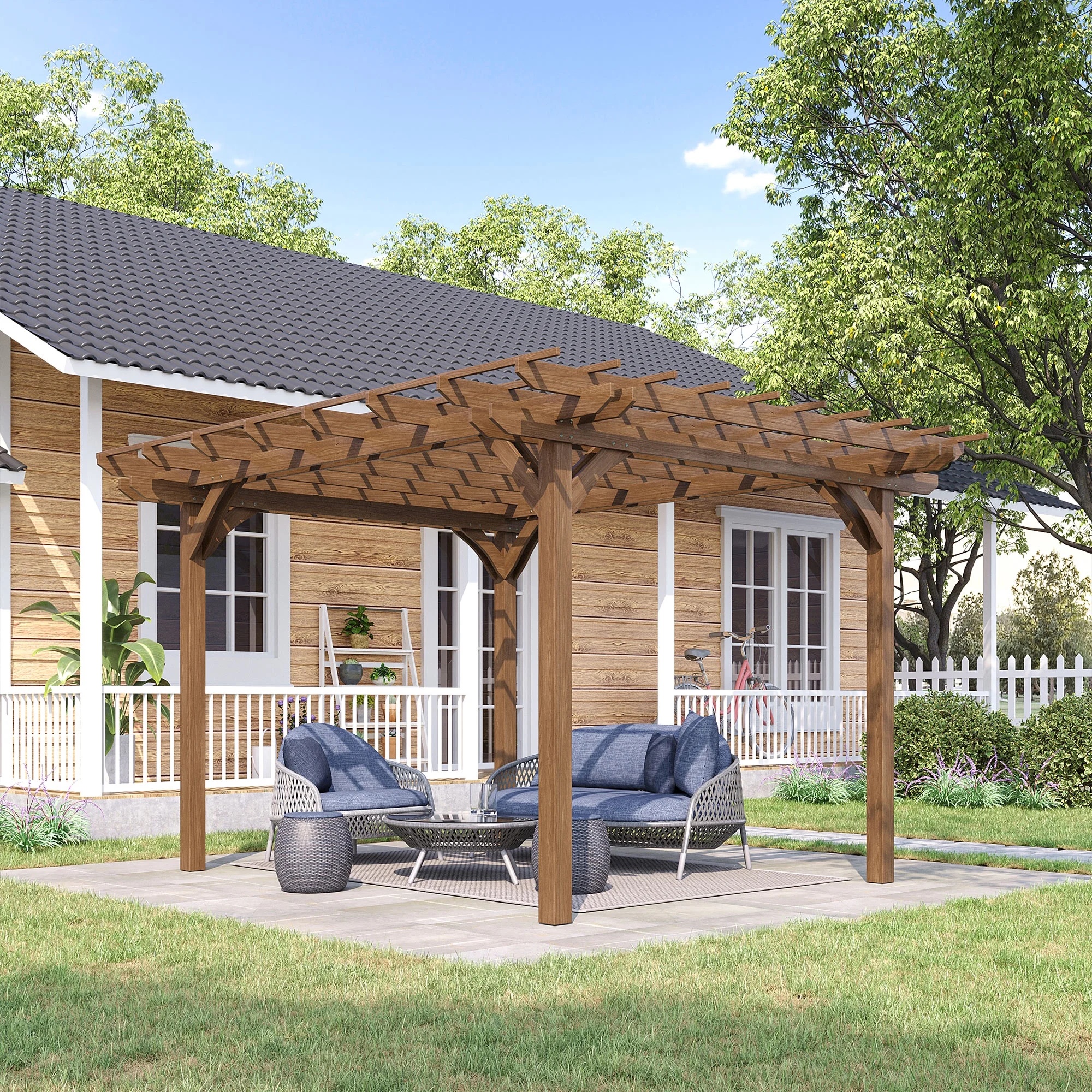 Outsunny 12' x 10' Wooden Pergola Grape Trellis, Outdoor Gazebo for Garden, Patio, Backyard, Deck, Gray - Image 11