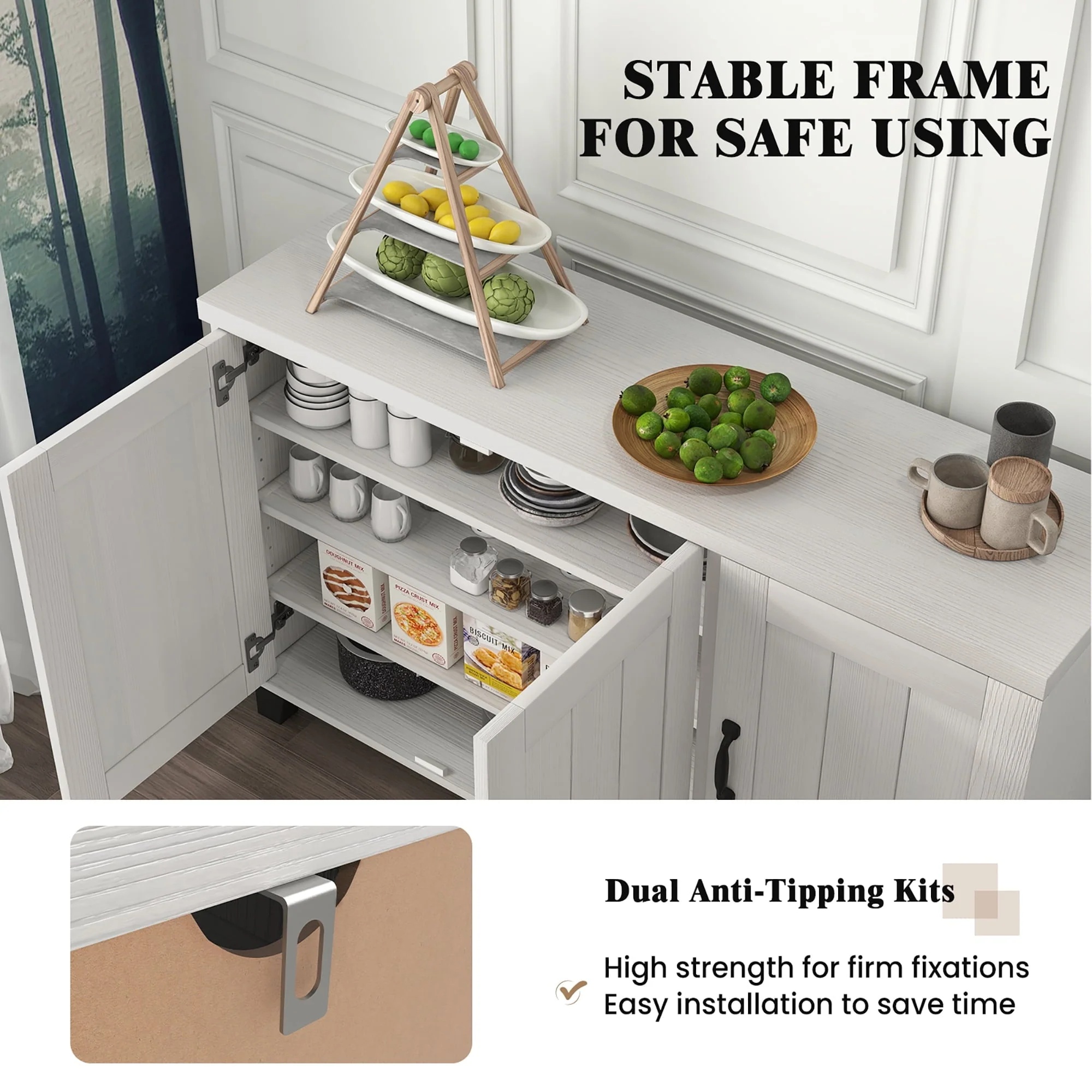 Costway 3-Door Buffet Sideboard Storage Credenza Cabinet Console Adjustable Shelf White Wash - Image 9