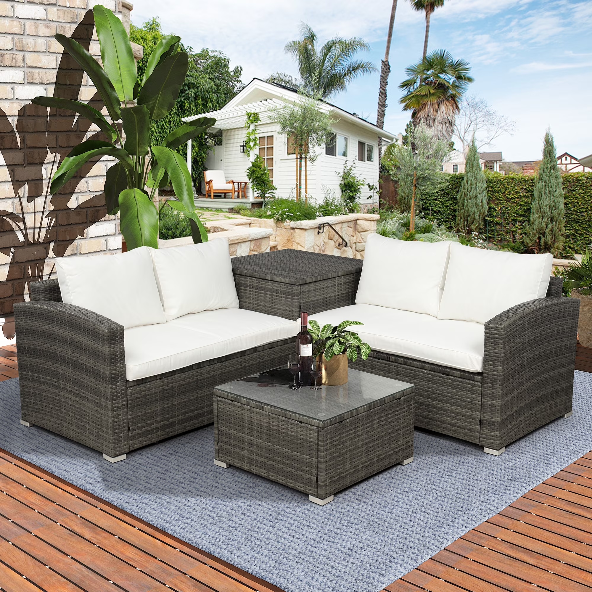 UHOMEPRO 4-Piece Rattan Patio Furniture Sets, All-Weather PE Wicker Patio Conversation Set with Storage Box, Glass Coffee Table, Outdoor Sectional Sofa Set for Backyard Patio Garden Poolside, Gray - Image 3