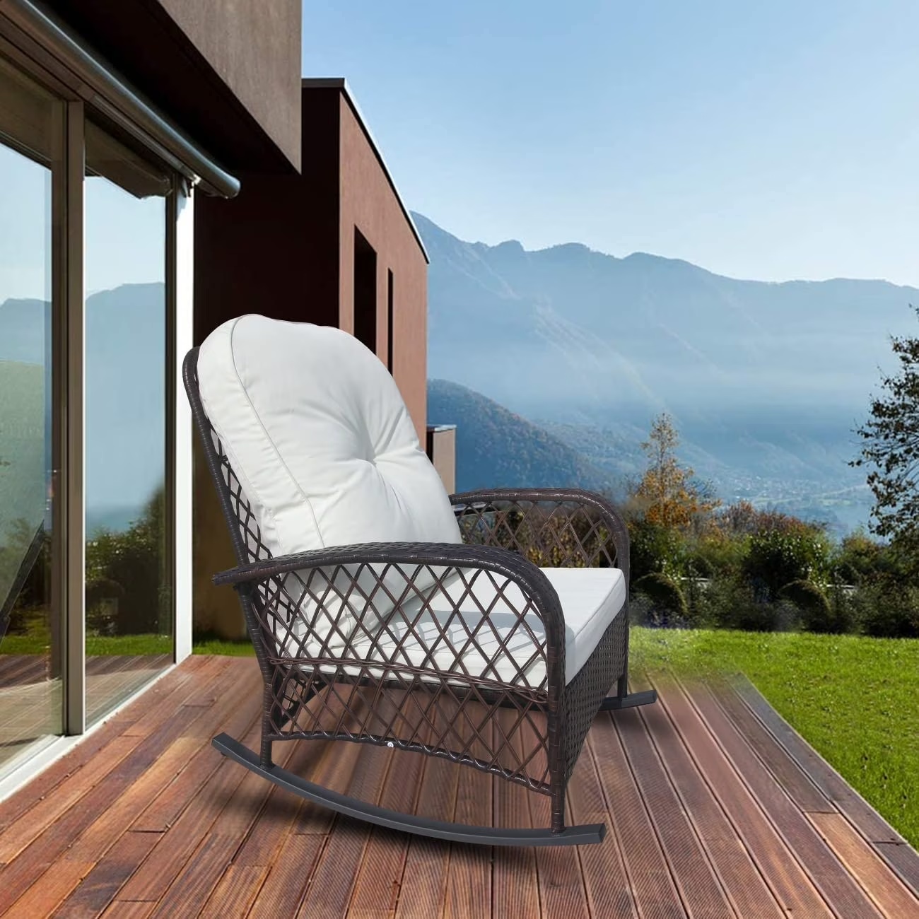 Furniture One 2 Piece Outdoor Wicker Rocking Chair, Patio Rattan Rocker Chair with Cushions & Steel Frame, All-Weather Rocking Lawn Wicker Furniture for Garden Backyard Porch - Image 3